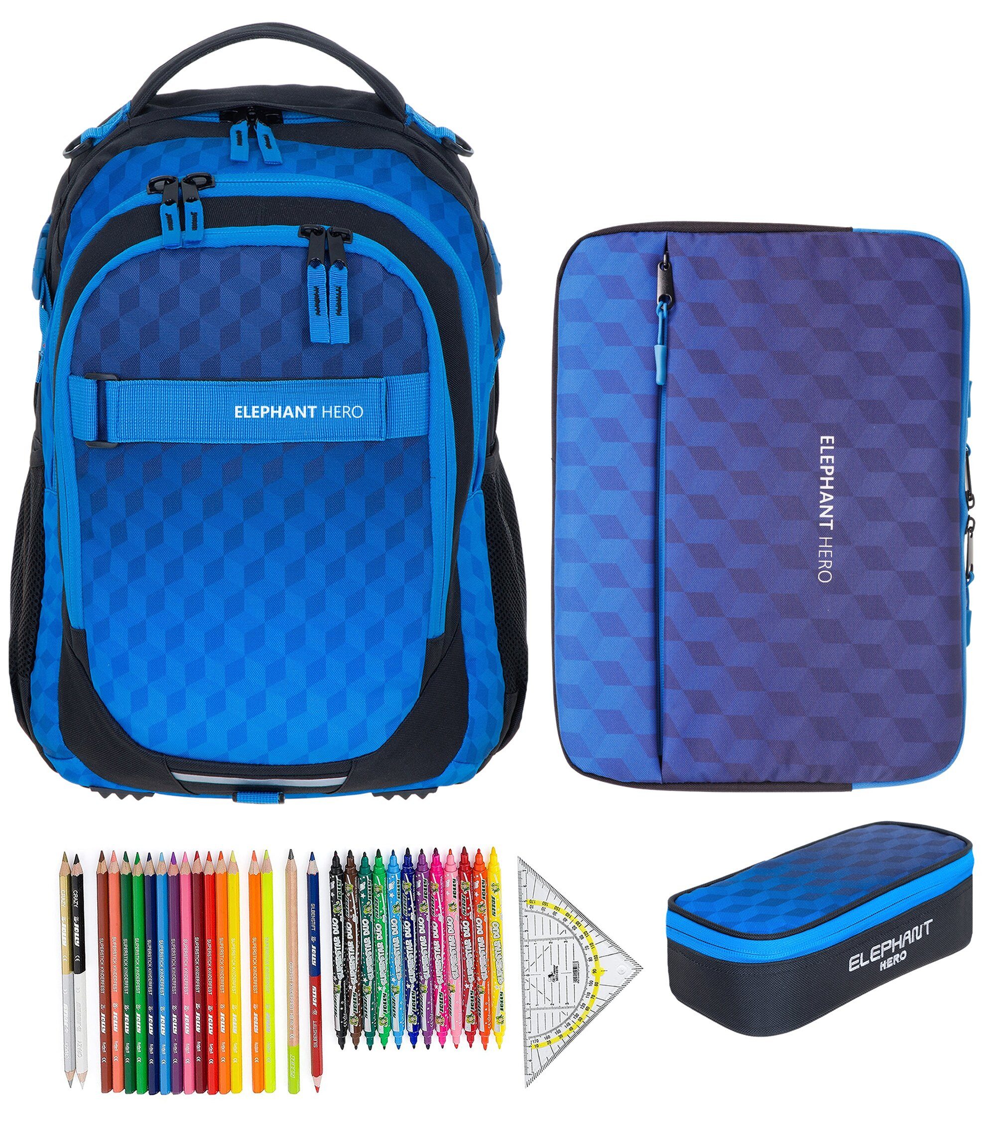 ELEPHANT Schulrucksack Hero Signature Schultasche Digital Ready Set (4 Teile Schulrucksackset, 4-tlg., inkl. Mäppchen Box + Laptop Hülle Sleeve + 31 Teile Stifte), Rucksack Schulmappe Jungen Mädchen +rmlv