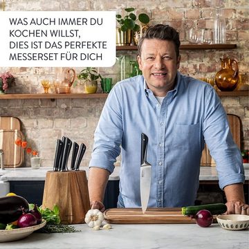 Tefal Messerblock Jamie Oliver K267 Küchenmesser + Holz hohe Schneideleistung Kochmesser (7tlg), Fleischmesser Brotmesser Santokumesser Universalmesser Schälmesser