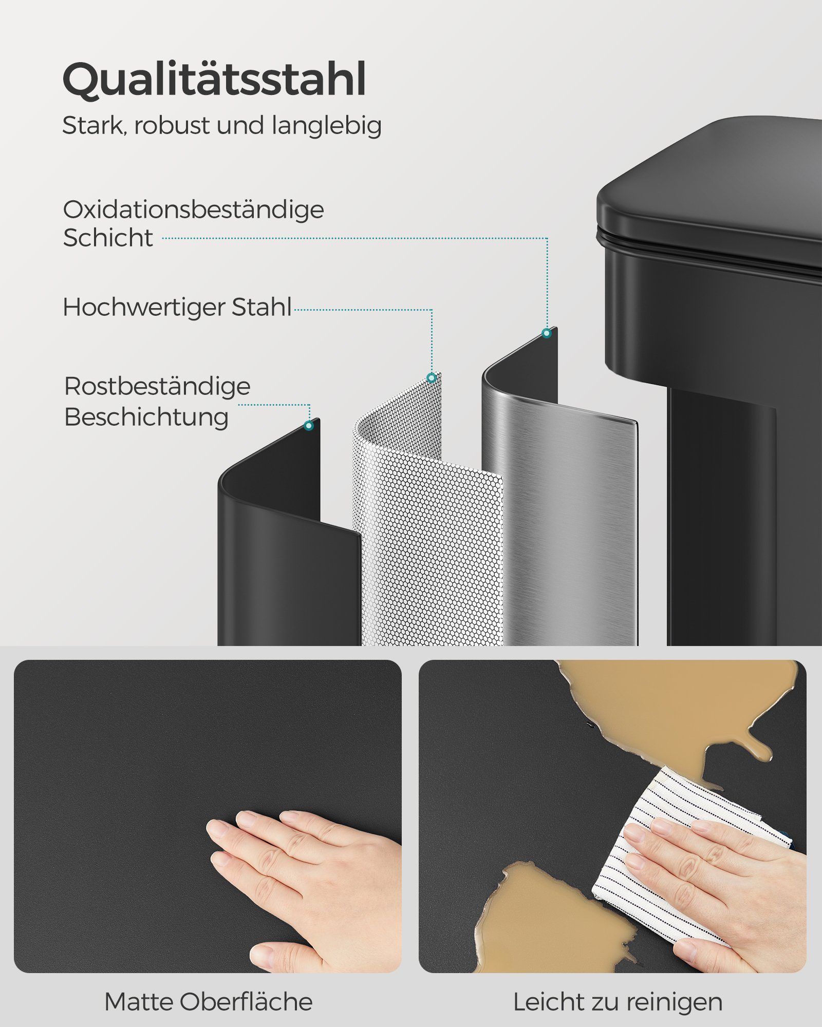 SONGMICS Mülleimer Küche, Abfalleimer, großer Tretmülleimer, mit Deckel, aus Stahl, Softclose, inklusive 15 Müllbeutel, 40 Liter