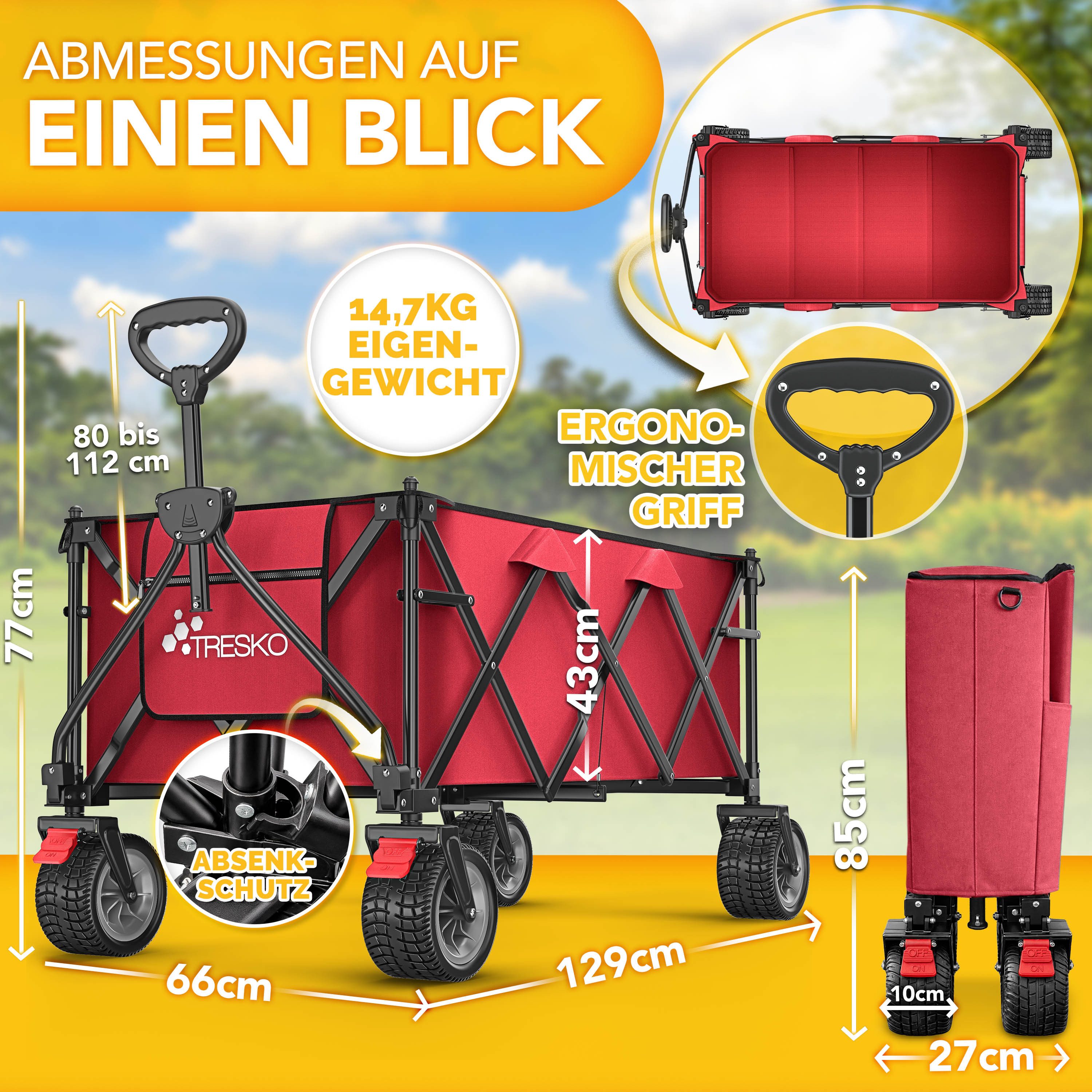 TRESKO Bollerwagen Bollerwagen faltbar 300L mit Bremse Handwagen klappbar 150kg (inkl. Vollgummireifen Faltbarer Strandwagen mit Extra Breite All-Terrain-Räder, Gartenwagen Transportwagen mit Tragetasche)