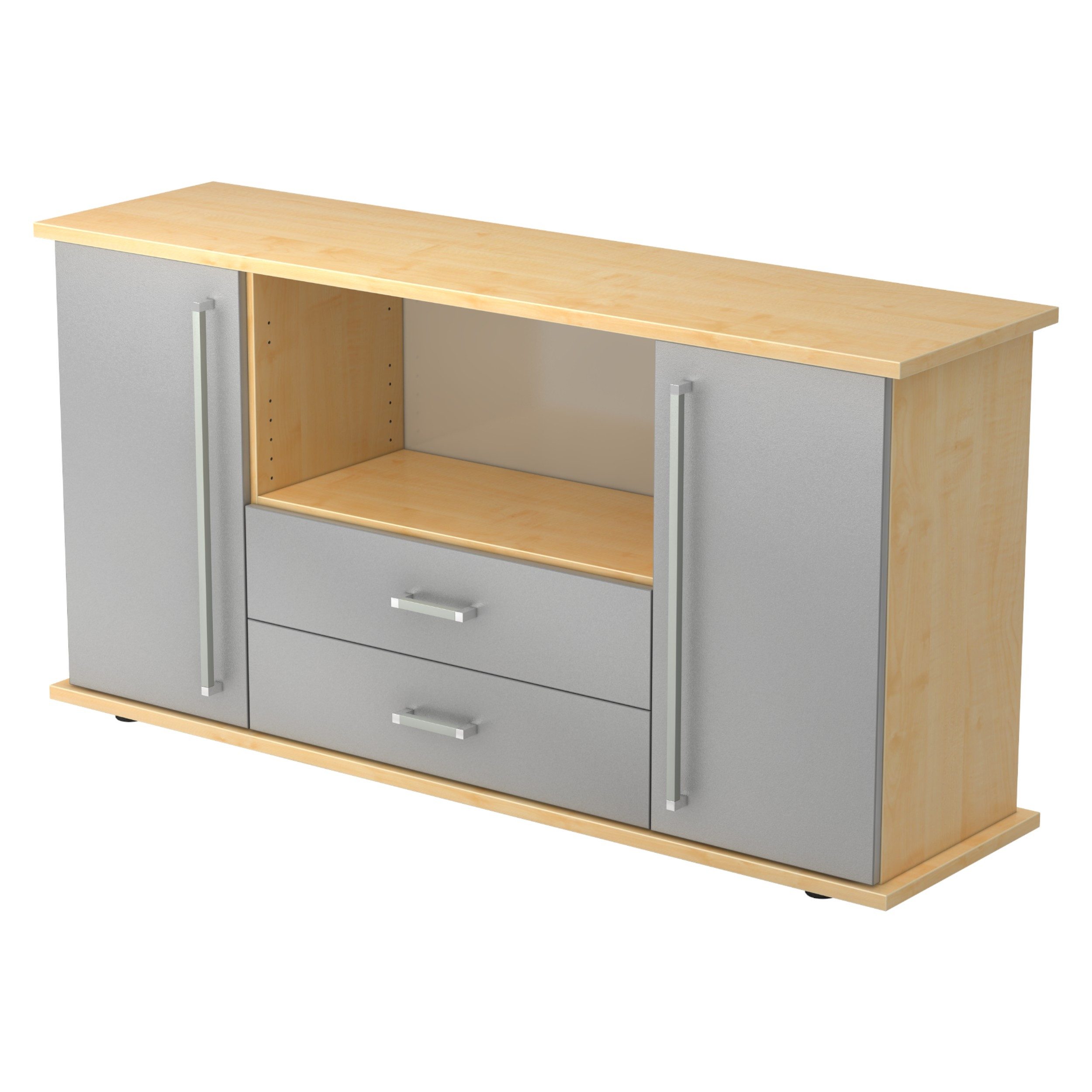 bümö Sideboard office Sideboard mit 2 Schübe & 2 Türen, Dekor: Ahorn/Silber - Griffe: Chromgriff