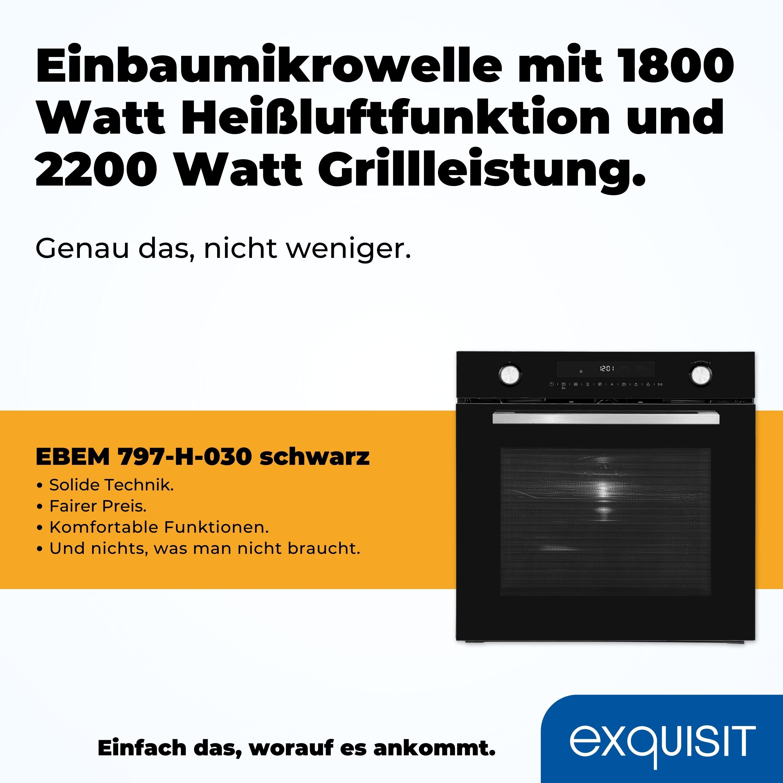 exquisit Einbau-Mikrowelle, Mikrowelle, Mikrowelle + Grill, Mikrowelle + Heißluft, Grill, Auftau-Programm, Mikrowelle + Grill + Umluft, Grill + Umluft, 72,00 l, Timer, Kindersicherung, 5 Leistungsstufen, Kombinationsgerät