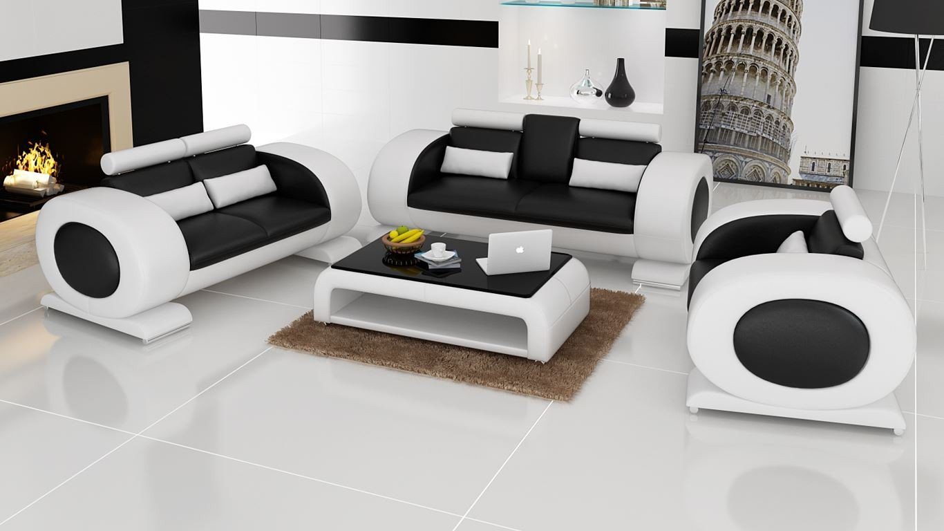 JVmoebel Sofa Sofagarnitur Garnituren Set Design Sofas Polster Couchen Leder 311, Made in Europe Schwarz/Weiß