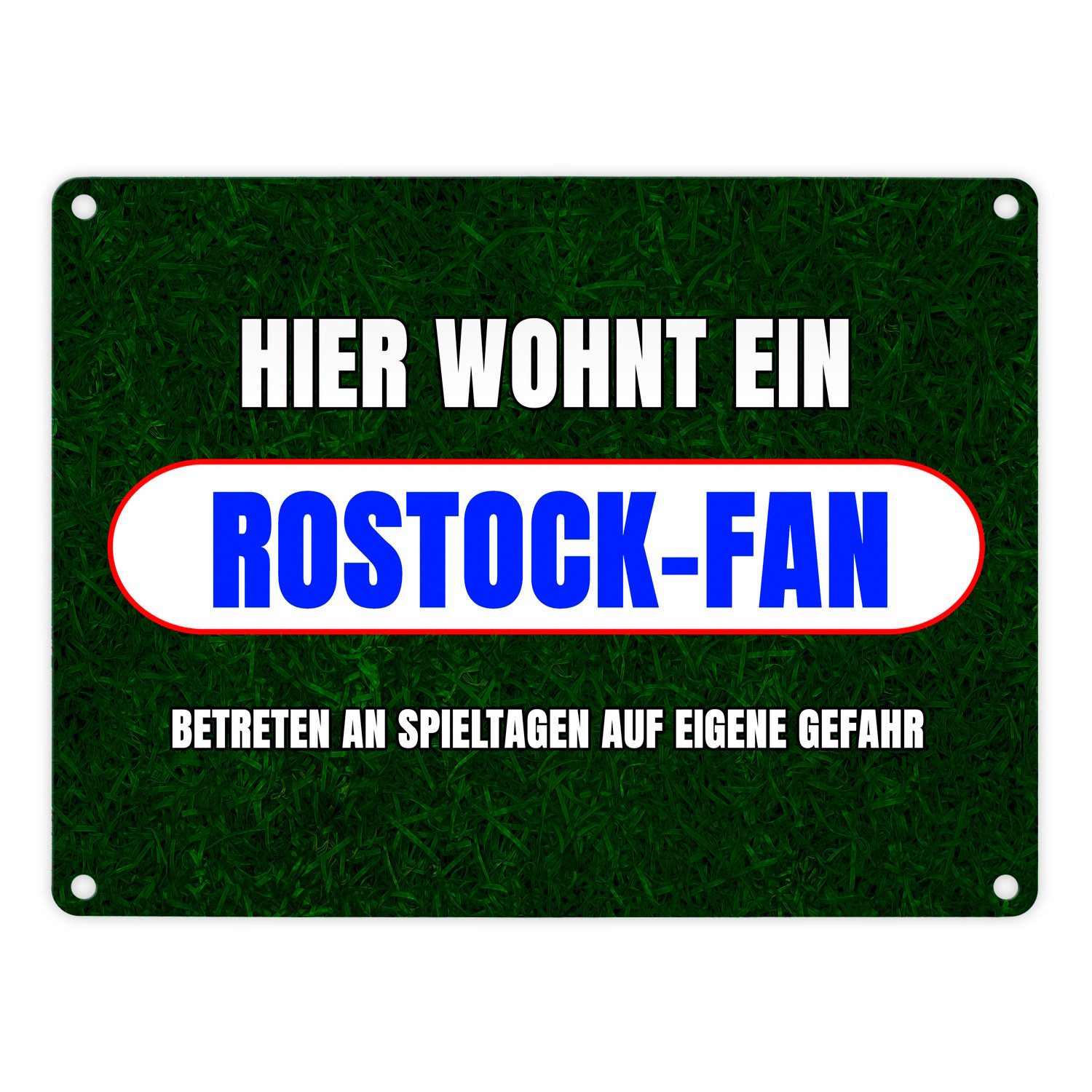speecheese Metallschild Hier wohnt ein Rostock-Fan Metallschild in 15x20 cm mit Rasenmotiv
