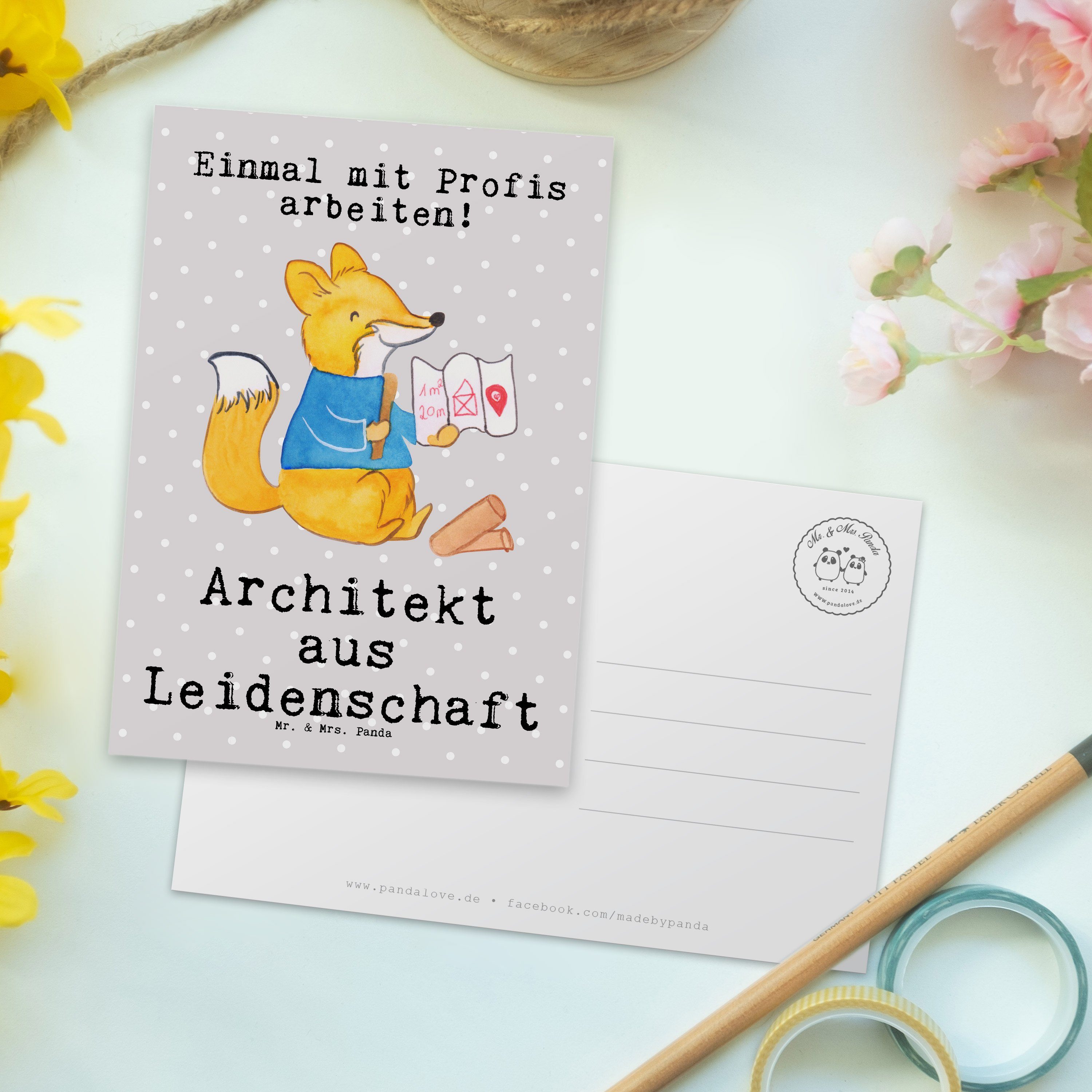 Postkarte Pastell Architekt Mr. Geschenk, Leidenschaft aus - Jubiläum, Panda Mrs. - Grau Rente &