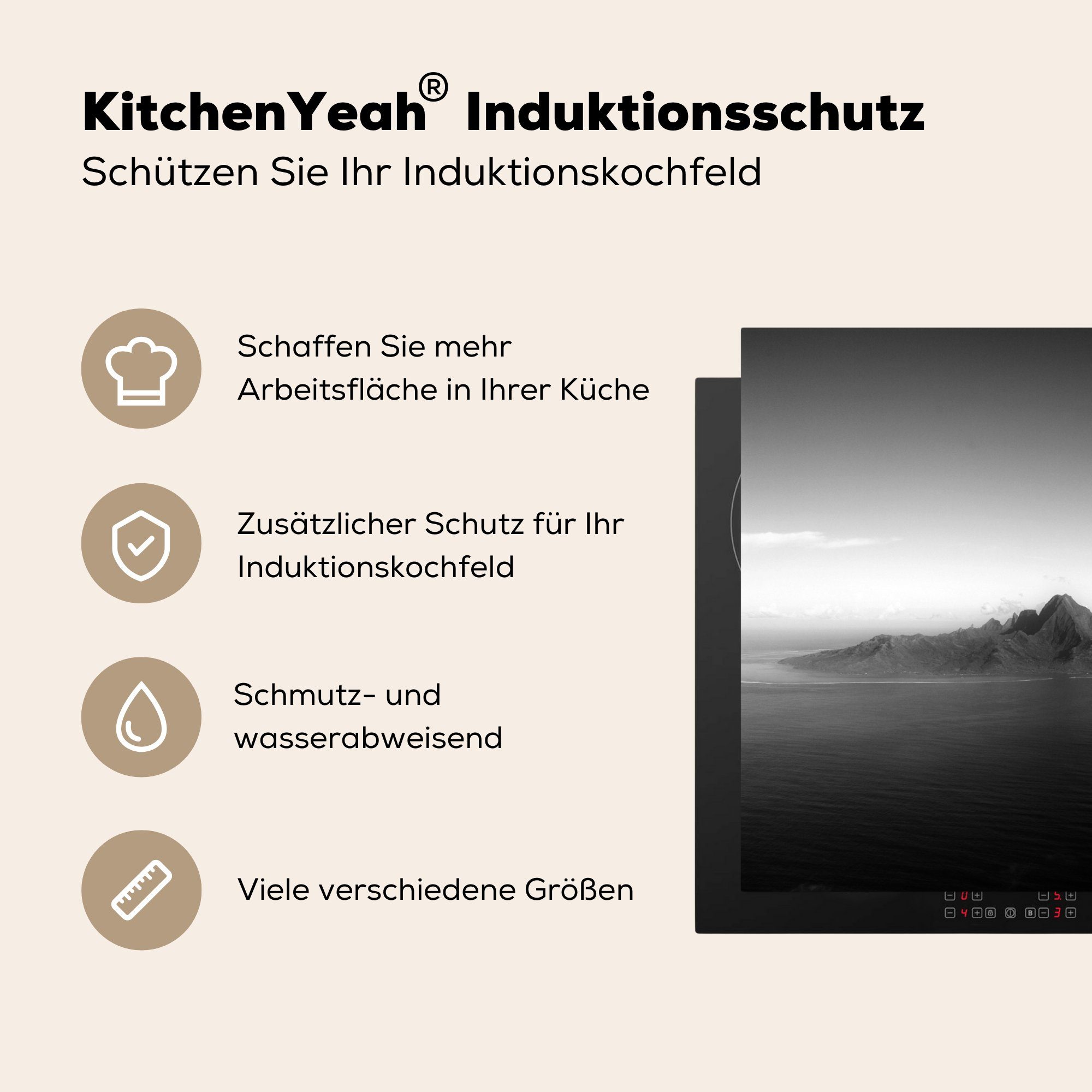 Pazifischen küche, Berge in die (1 Weiß, Induktionskochfeld tlg), Herdblende-/Abdeckplatte auf MuchoWow der für 81x52 Vinyl, und Ozean Mo'orea Ceranfeldabdeckung Schutz Schwarz im Insel cm,