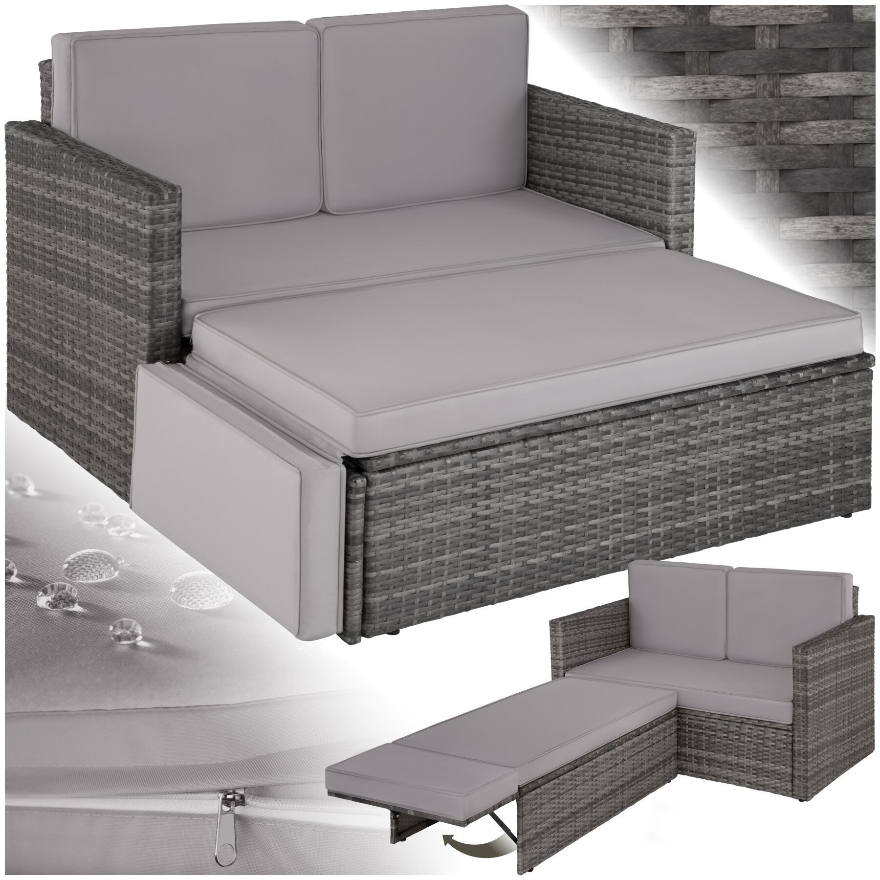 tectake Loungeset Rattan Lounge, Hocker mit klappbarer Stütze, (Gartenlounge Korfu, 2-tlg., in grau), 2-Sitzer, widerstandsfähig, UV-beständig, Dicke der Polster 8 cm
