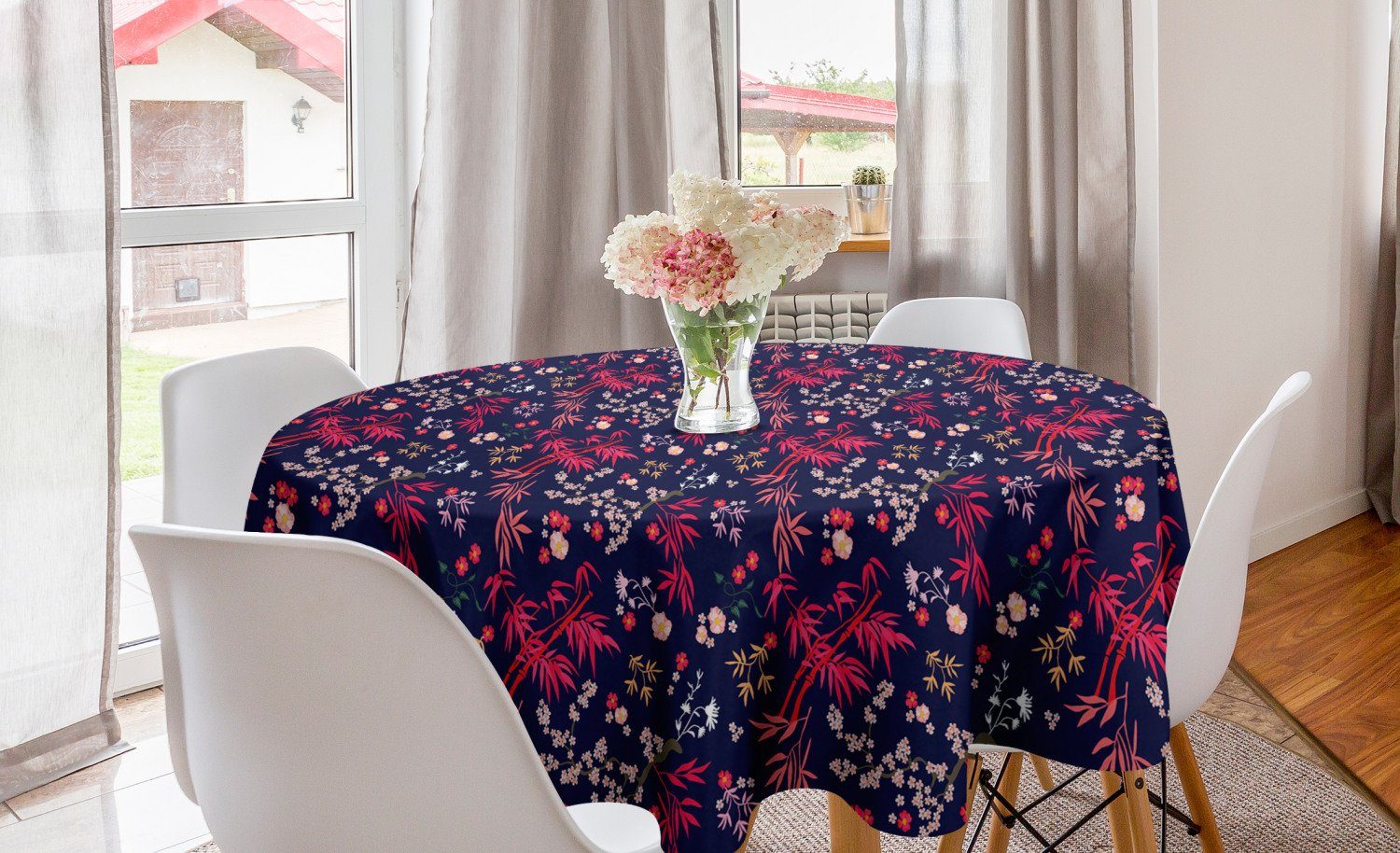Abakuhaus Tischdecke Kreis Tischdecke Abdeckung für Esszimmer Küche Dekoration, Asian Blätter Bambus und Blumen-Kunst