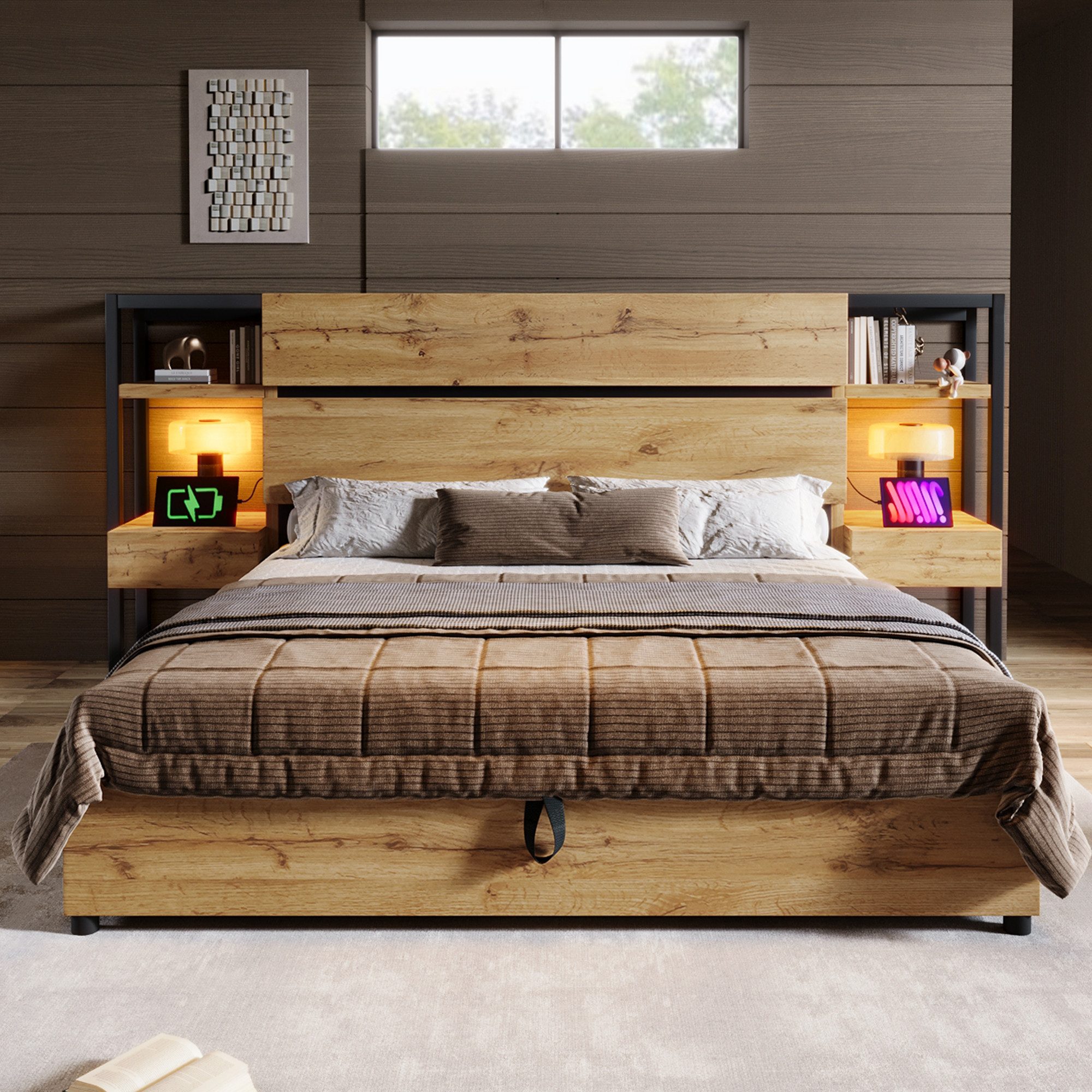Celya Holzbett Doppelbett Hydraulisches Stauraumbett (Ohne Matratze, Stauraum-Kopfteil mit Schubladen und USB und Type-C Ladeanschluss), …