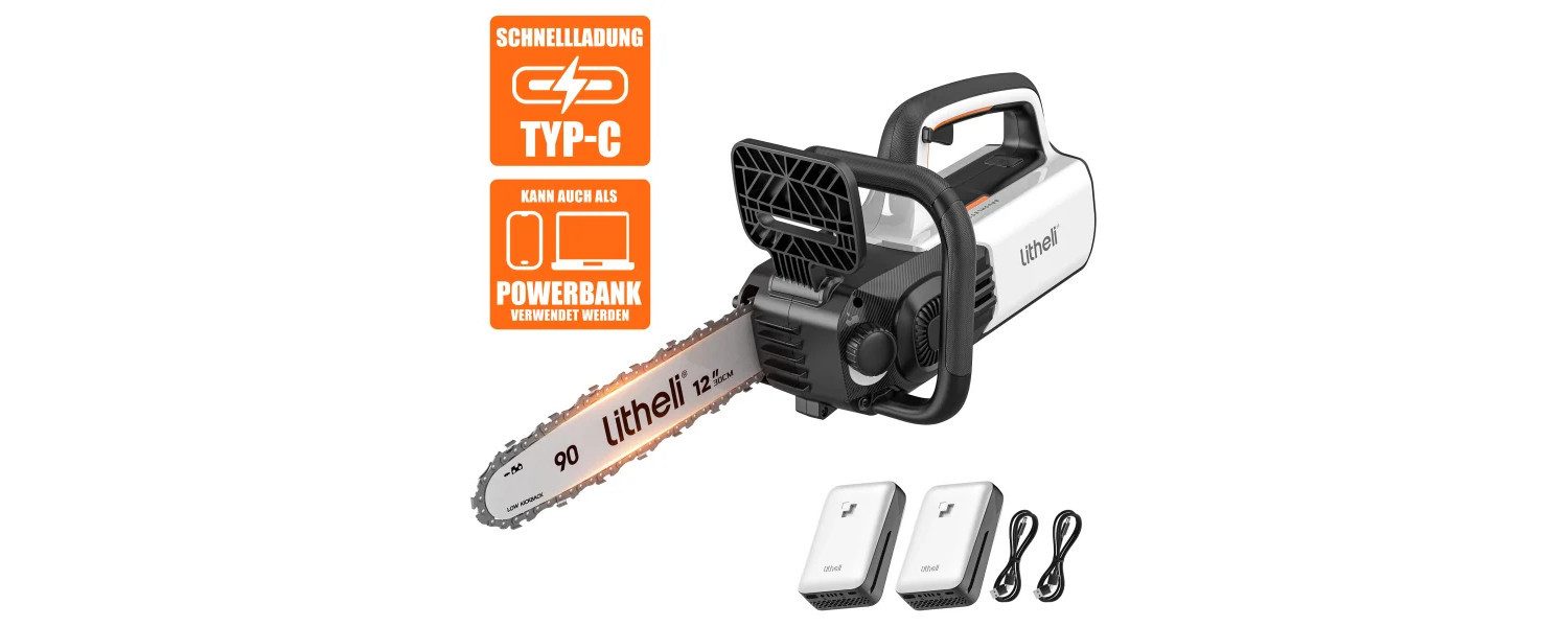 LITHELI Akku-Kettensäge U20 Kettensaege 2x20V/2.0Ah, 30 cm Schwertlänge