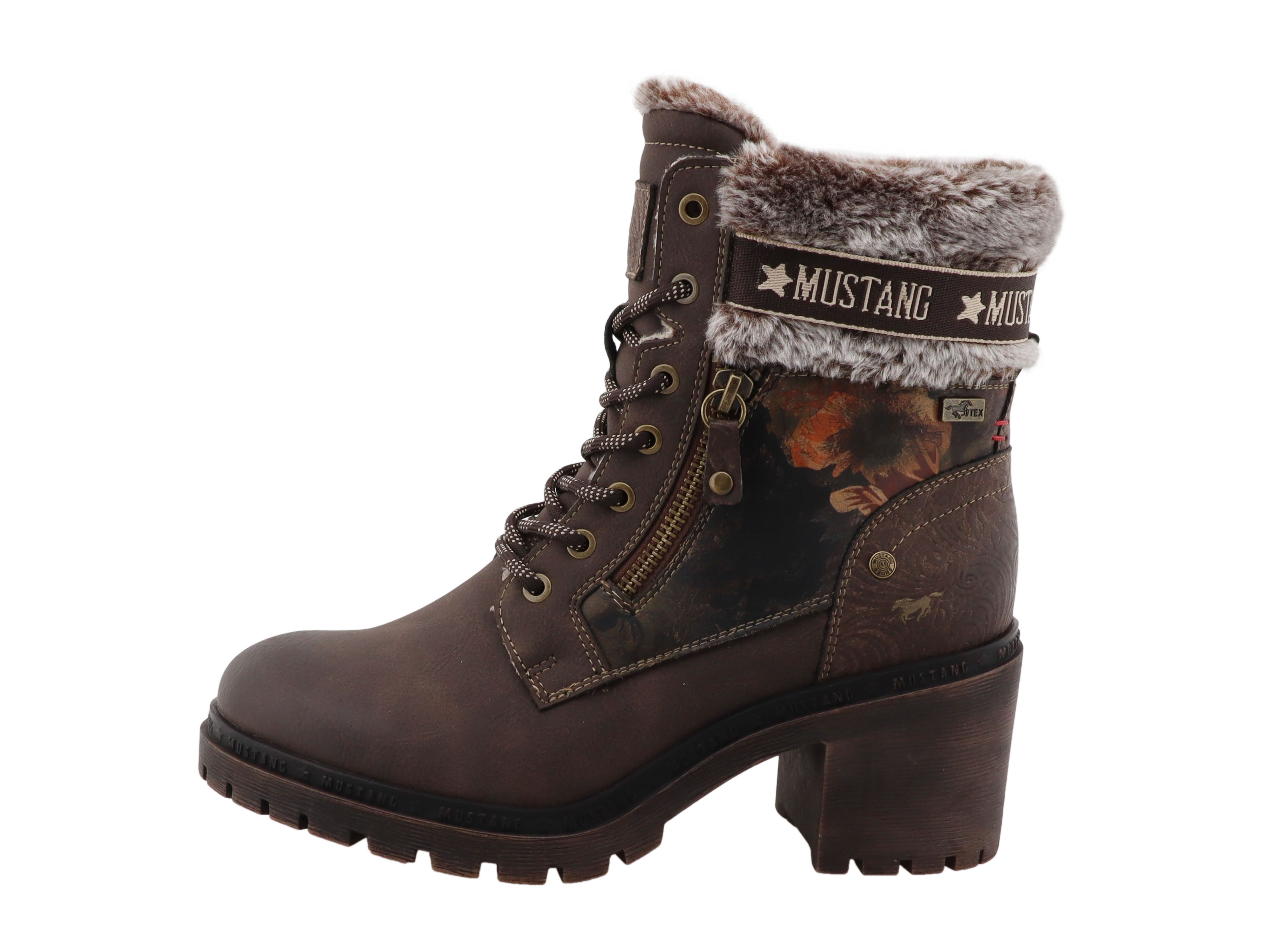 Mustang Shoes Stiefel Winterstiefelette Blockabsatz, Schnürboots mit Fellimitat am Schaftrand