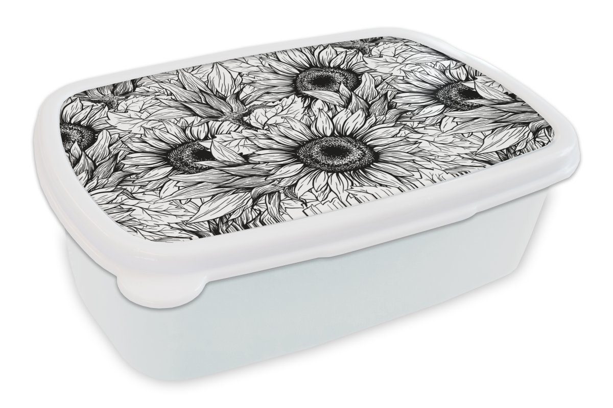 MuchoWow Lunchbox Blumen - Sonnenblume - Muster, Kunststoff, (2-tlg), Brotbox für Kinder und Erwachsene, Brotdose, für Jungs und Mädchen weiß