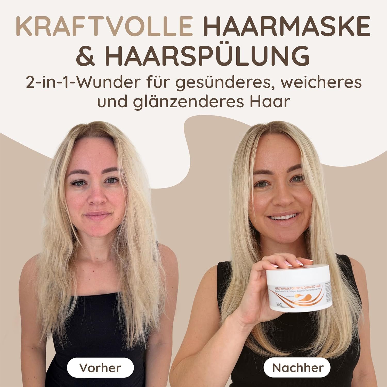 VITAMINS hair cosmetics Haarmaske Keratin – Intensive Haarkur mit Biotin, Kollagen & Ölen, 2-IN-1-HAARSPÜLUNG & HAARMASKE FÜR GLÄNZENDES, SEIDIGES HAAR, für trockenes & geschädigtes Haar