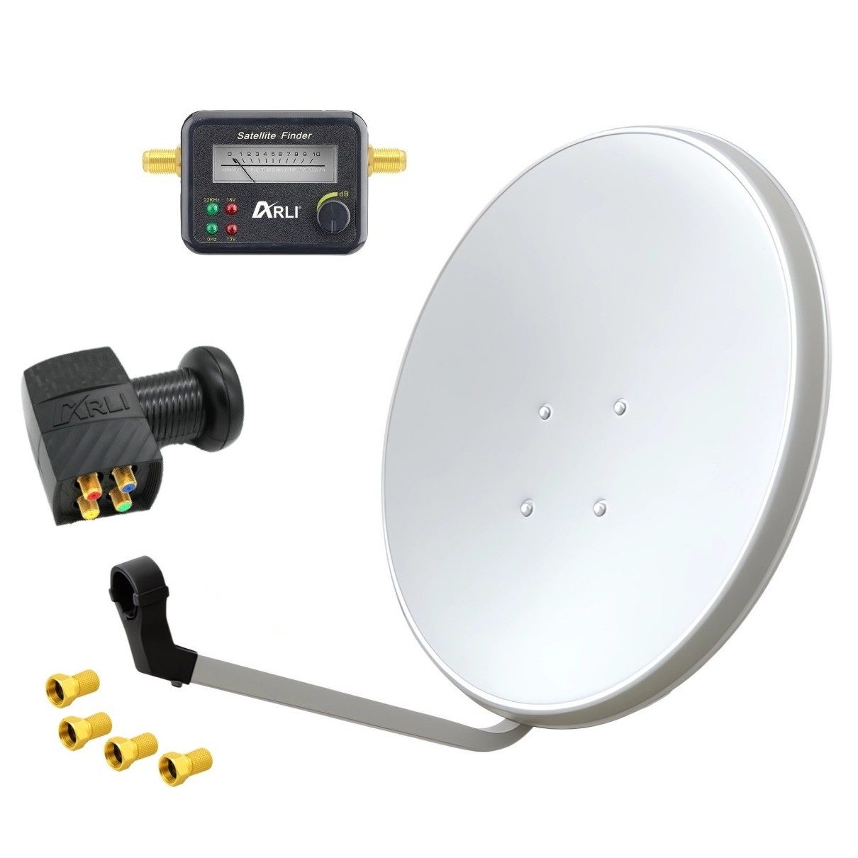 ARLI 60 cm HD Sat Anlage weiss + Quad LNB + Satfinder + Stecker SAT-Antenne (60 cm, Stahl, Digital 2 Teilnehmer Antenne Weiss UHD 4K)
