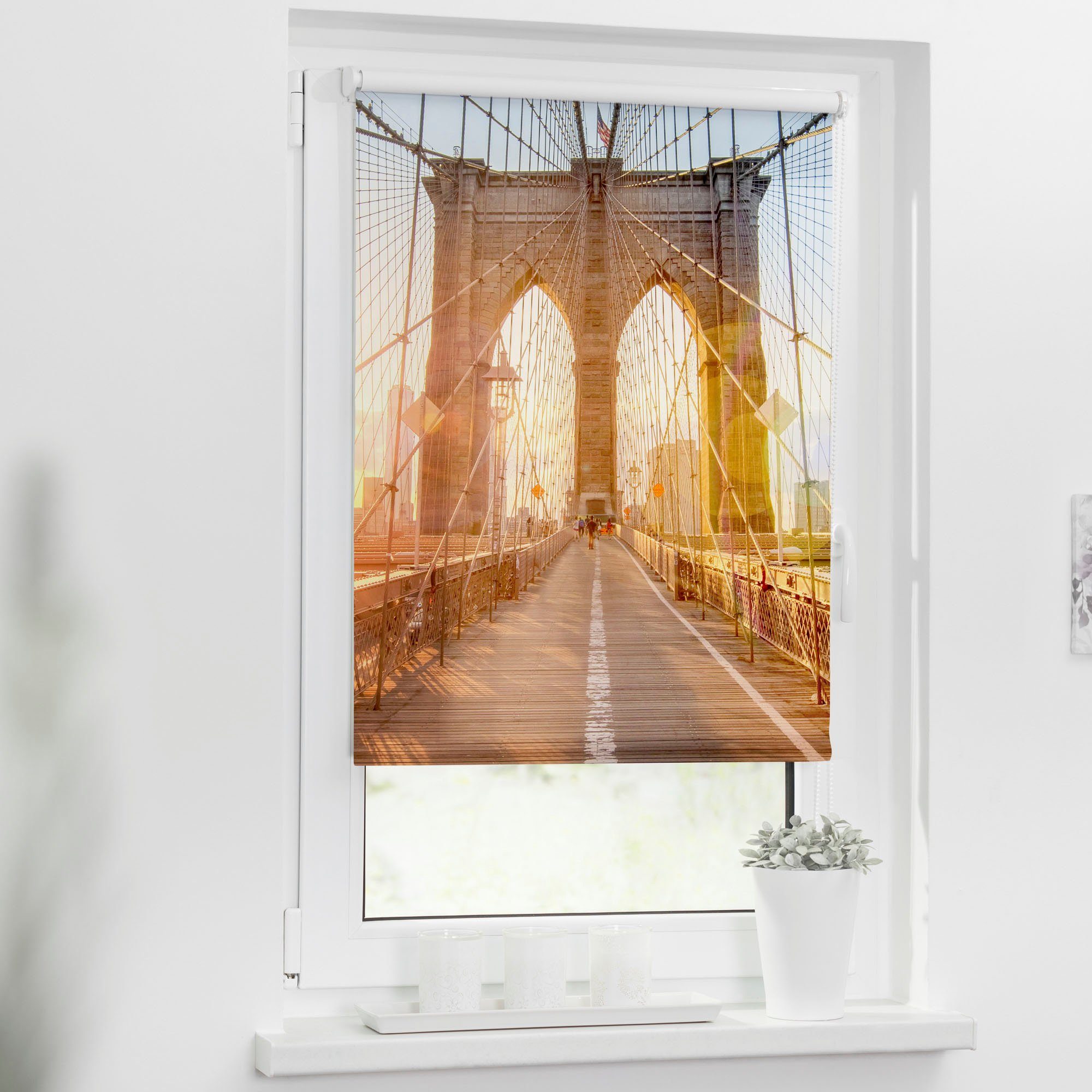 Seitenzugrollo Klemmfix Motiv ohne Lichtschutz, Bridge, bedruckt freihängend, LICHTBLICK ORIGINAL, Bohren, Klemmfix, Brooklyn