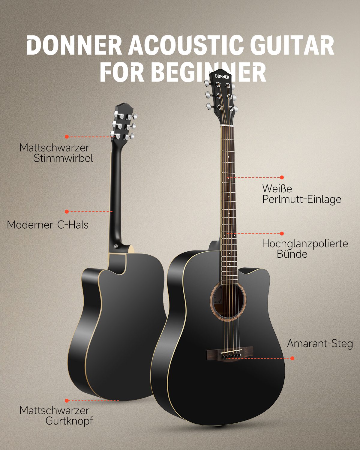 Donner Akustikgitarre Akustikgitarre in voller Größe 41 Zoll DAG-1CB, Komplettset, mit Gigbag, Gurt, Stimmgerät, Schlagbrett, für Anfänger in voller Größe kompl – Bild 4 von 5