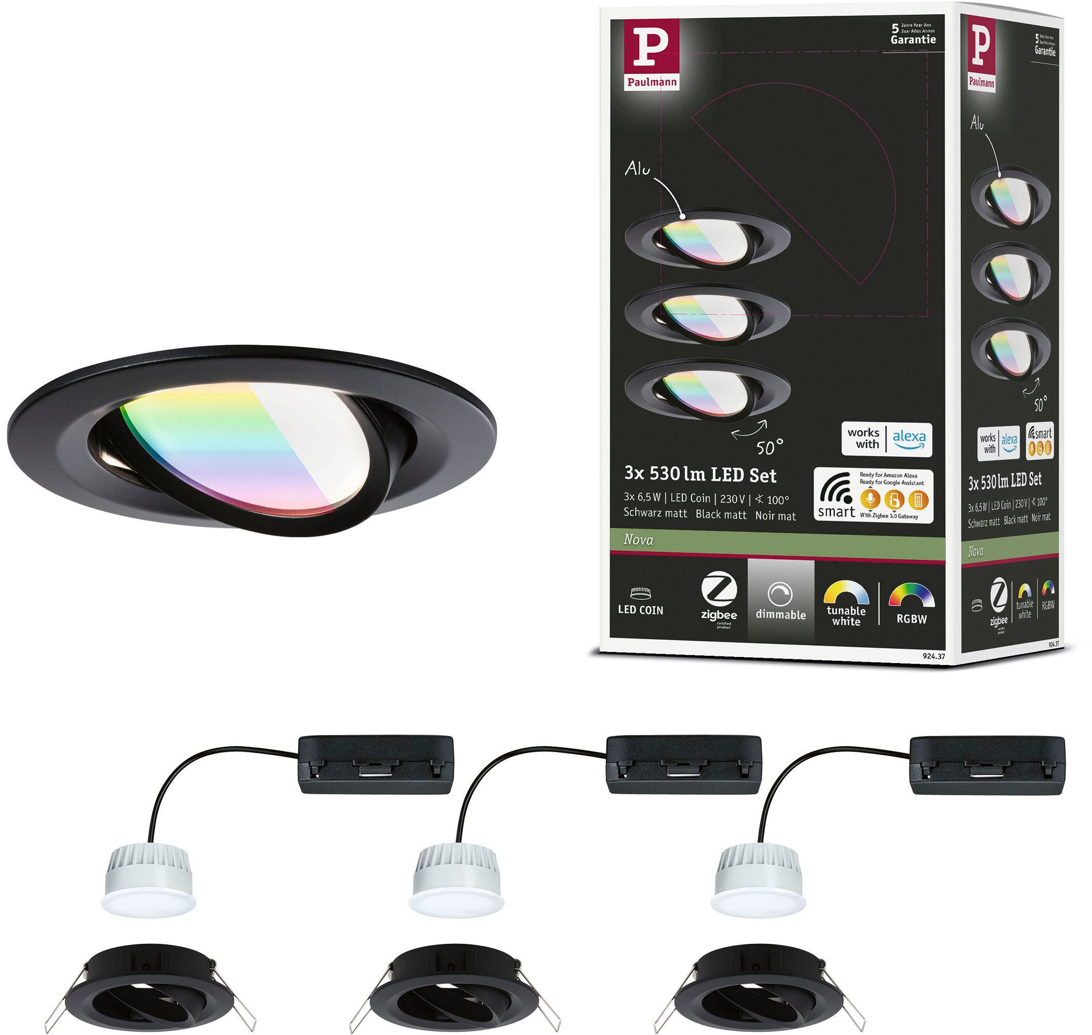 Paulmann LED Einbauleuchte LED Einbauleuchte Nova Coin rund 84mm 50°, LED fest integriert, Tageslichtweiß, Memoryfunktion, Farbwechsler, Farbsteuerung, Dimmer, Smart Home