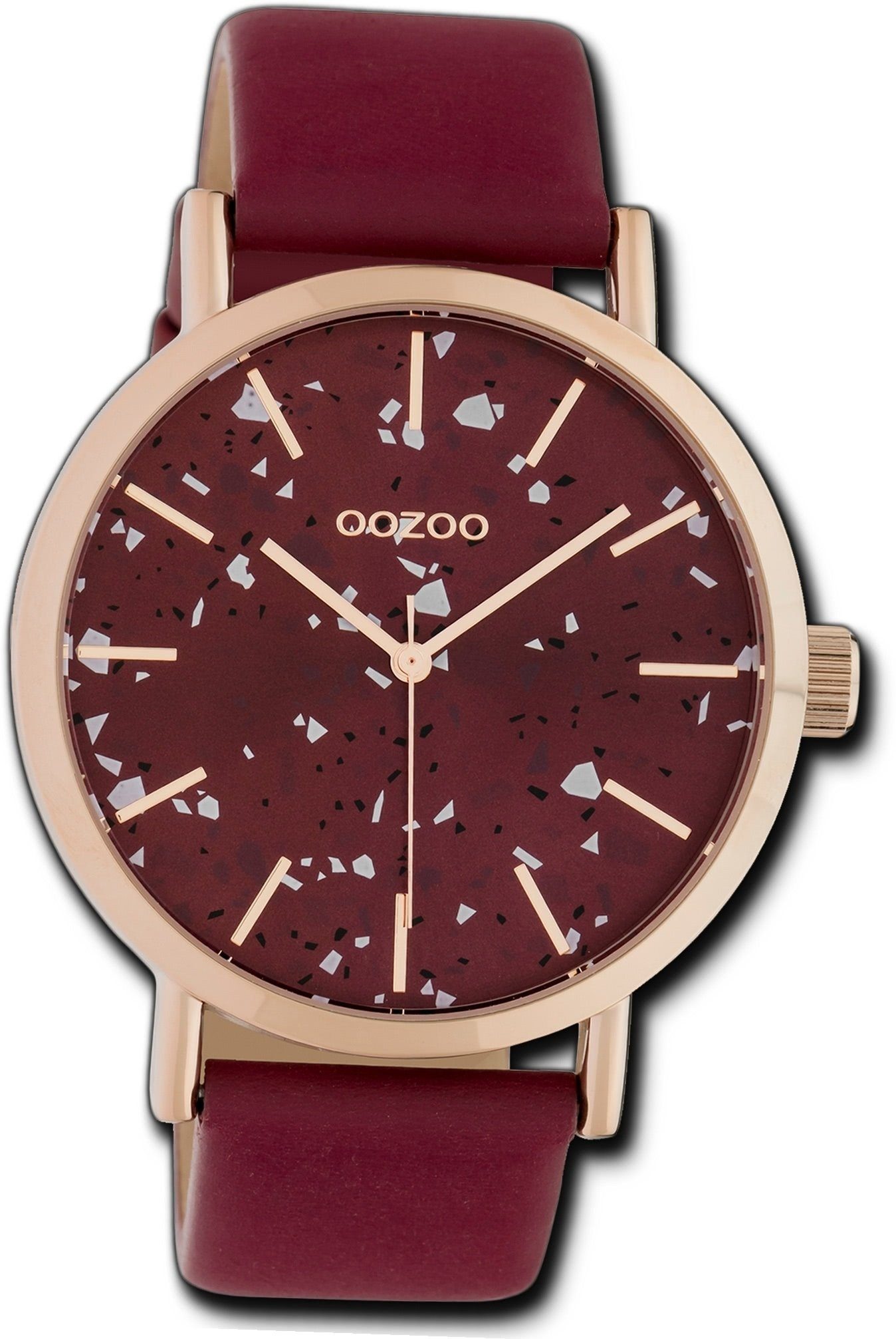 OOZOO Quarzuhr Oozoo Leder Damen Uhr C10412 Analog, Damenuhr Lederarmband weinrot, rundes Gehäuse, groß (ca. 42mm)
