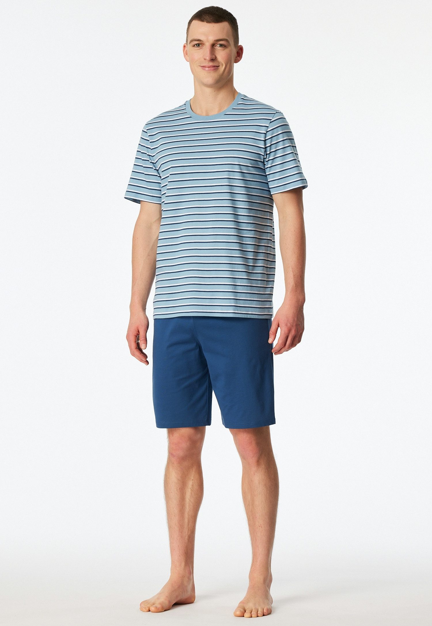 Schiesser Shorty Casual Nightwear (2 tlg) mit gestreiftem Oberteil, Rundhalsausschnitt und kurzen Ärmeln