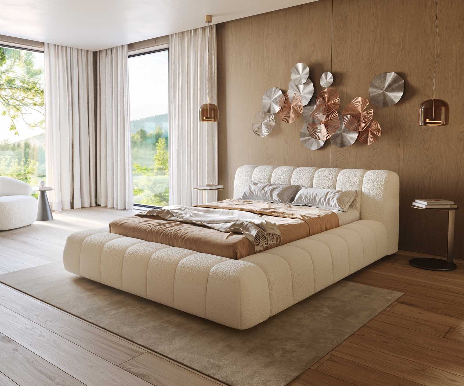 DELIFE Polsterbett Cutio, Bouclé Creme-Weiß 140x200 cm