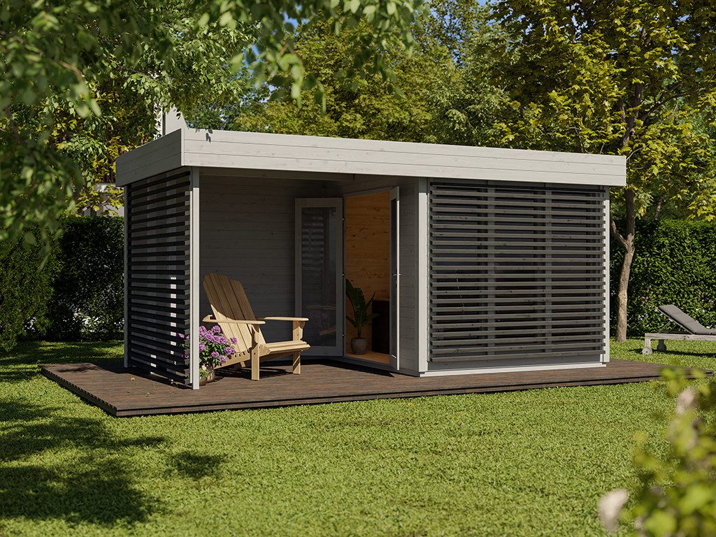 Woodtex Gartenhaus WOODTEX Gartenhaus mit Anbau Ivar 28 mm, BxT: 534x278 cm, Gerätehaus aus Holz mit Fußboden & Flachdach, wetterfest