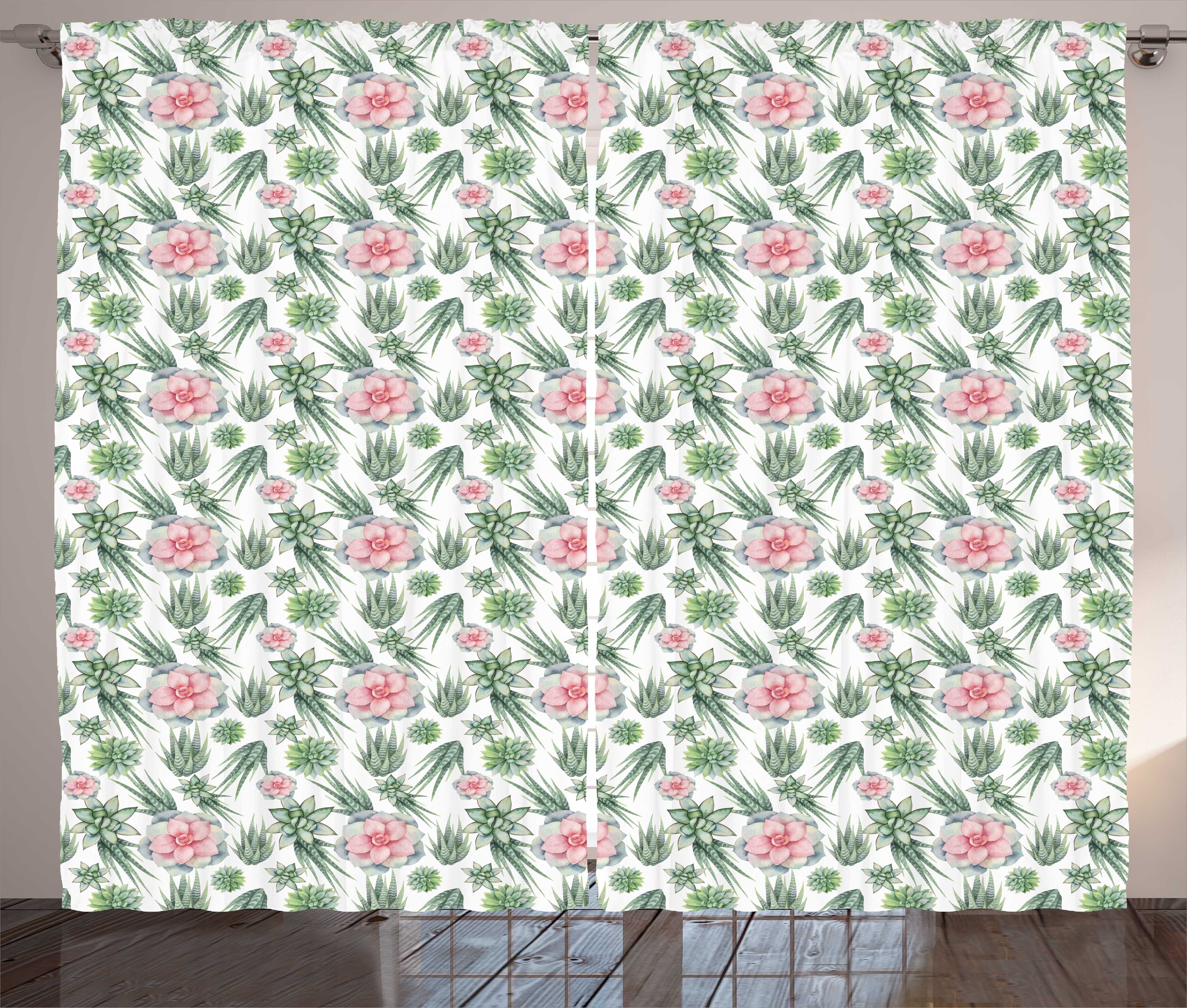 Gardine Schlafzimmer Kräuselband Vorhang mit Schlaufen und Haken, Abakuhaus, Pflanze Aquarell Cactus und Blumen