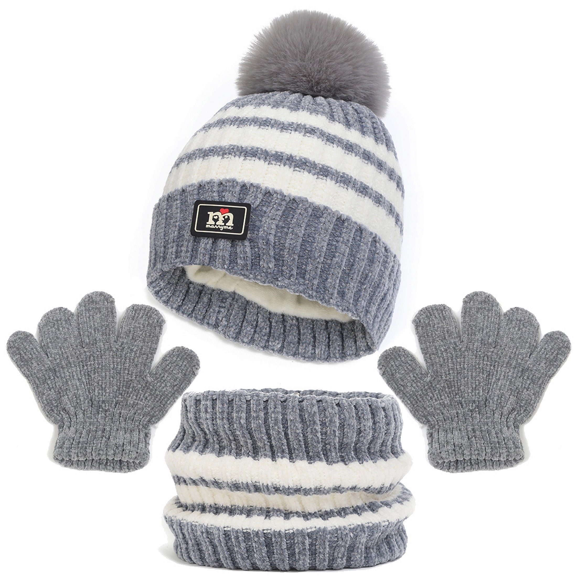 Coonoor Filzhut Mütze & Schal Kinder Unisex Schal Mütze Handschuhe Set (Wintermütze, Schal, Handschuhe, dreiteiliges Set) Grau | Filzhüte