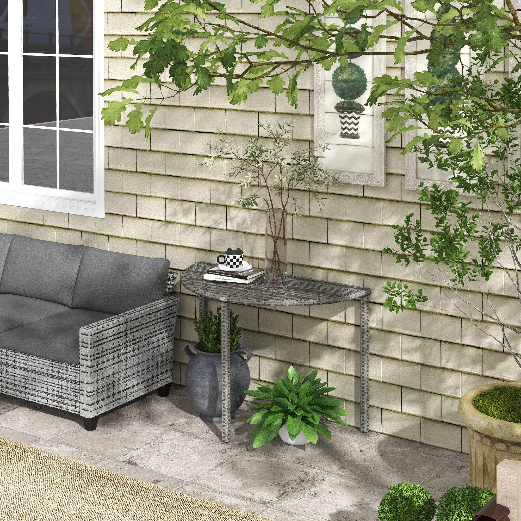 Outsunny Beistelltisch Garten Gartenmöbel halbrund Polyrattan (Tisch, 1-St., Balkontisch), Metall Grau 100 x 50 x 74 cm