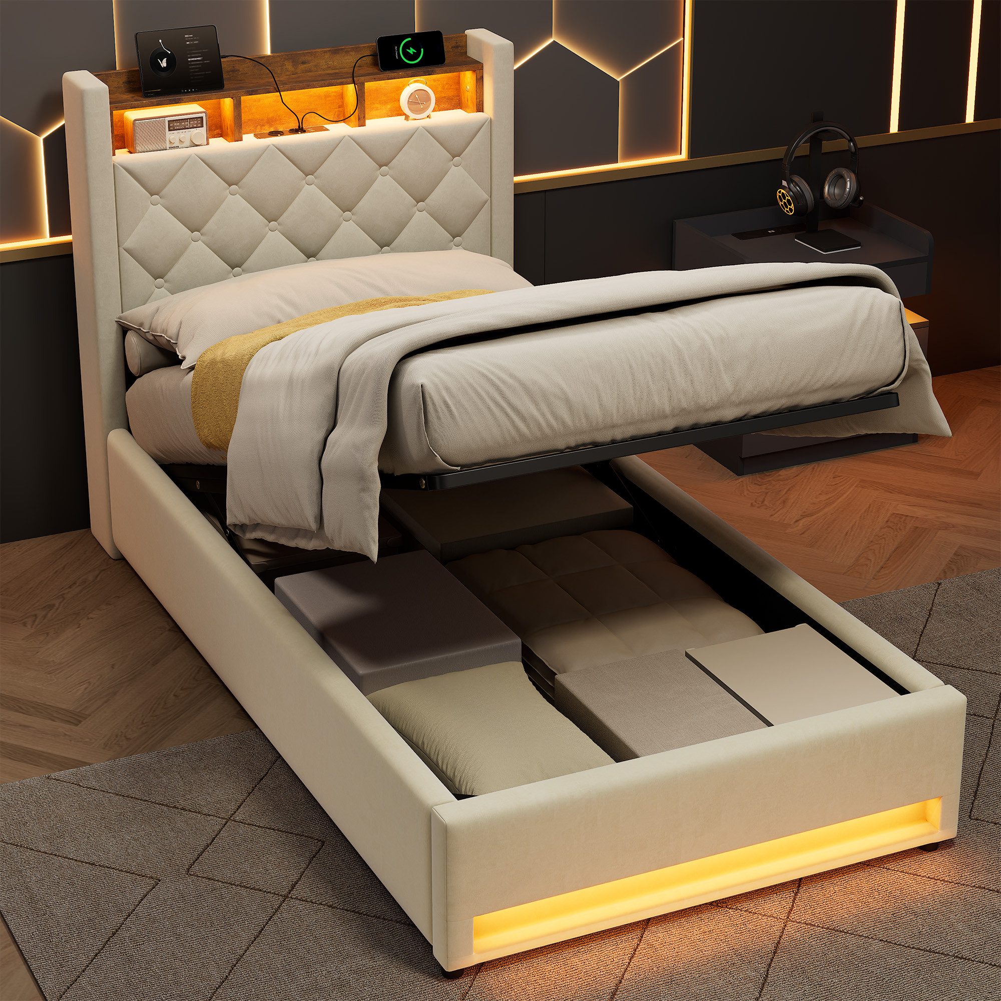 REDOM Polsterbett mit Premium-Samt – Stabil, Komfortabel, Zeitlos (Robuster Holz-Eisen-Rahmen • Atmungsaktiver Schaum • Inklusive Lattenrost, 1-tlg., 90*200), Mit LED-Lichtleiste und USB-Aufladung
