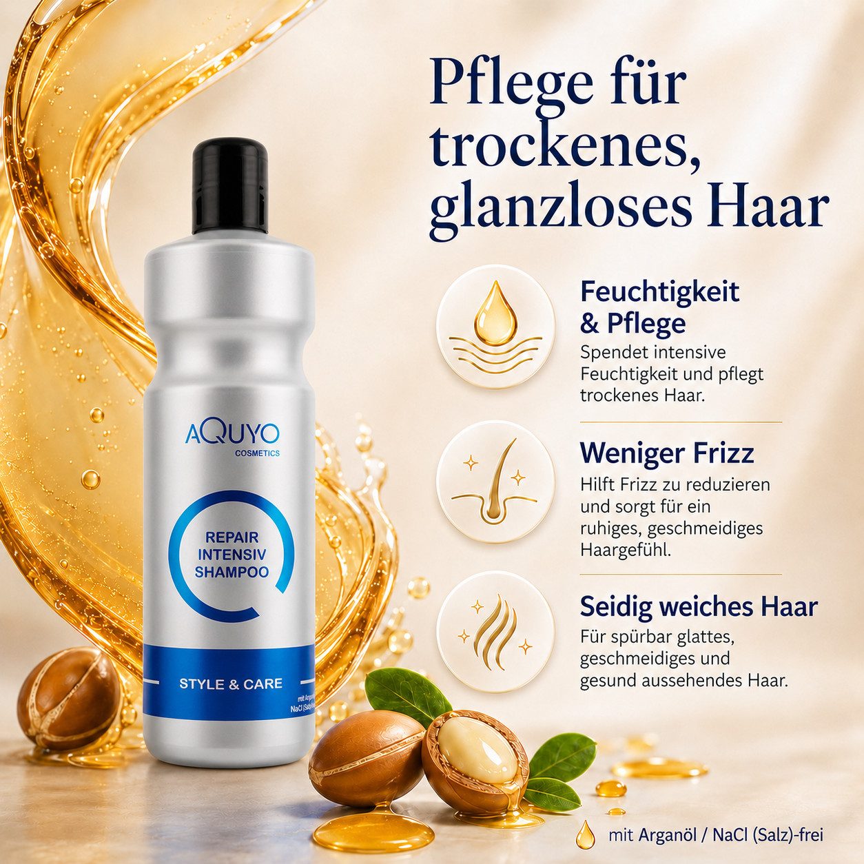 AQUYO Cosmetics Kopfhaut-Pflegeshampoo Arganöl Shampoo für geschädigtes, poröses oder strapaziertes Haar