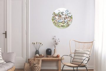 MuchoWow Gemälde Dschungel - Bus - Tiere - Kinder - Pflanzen, (1 St), Kreis Wanddekoration Forex, Rundes Wandbild, Wohnzimmer, 30x30 cm