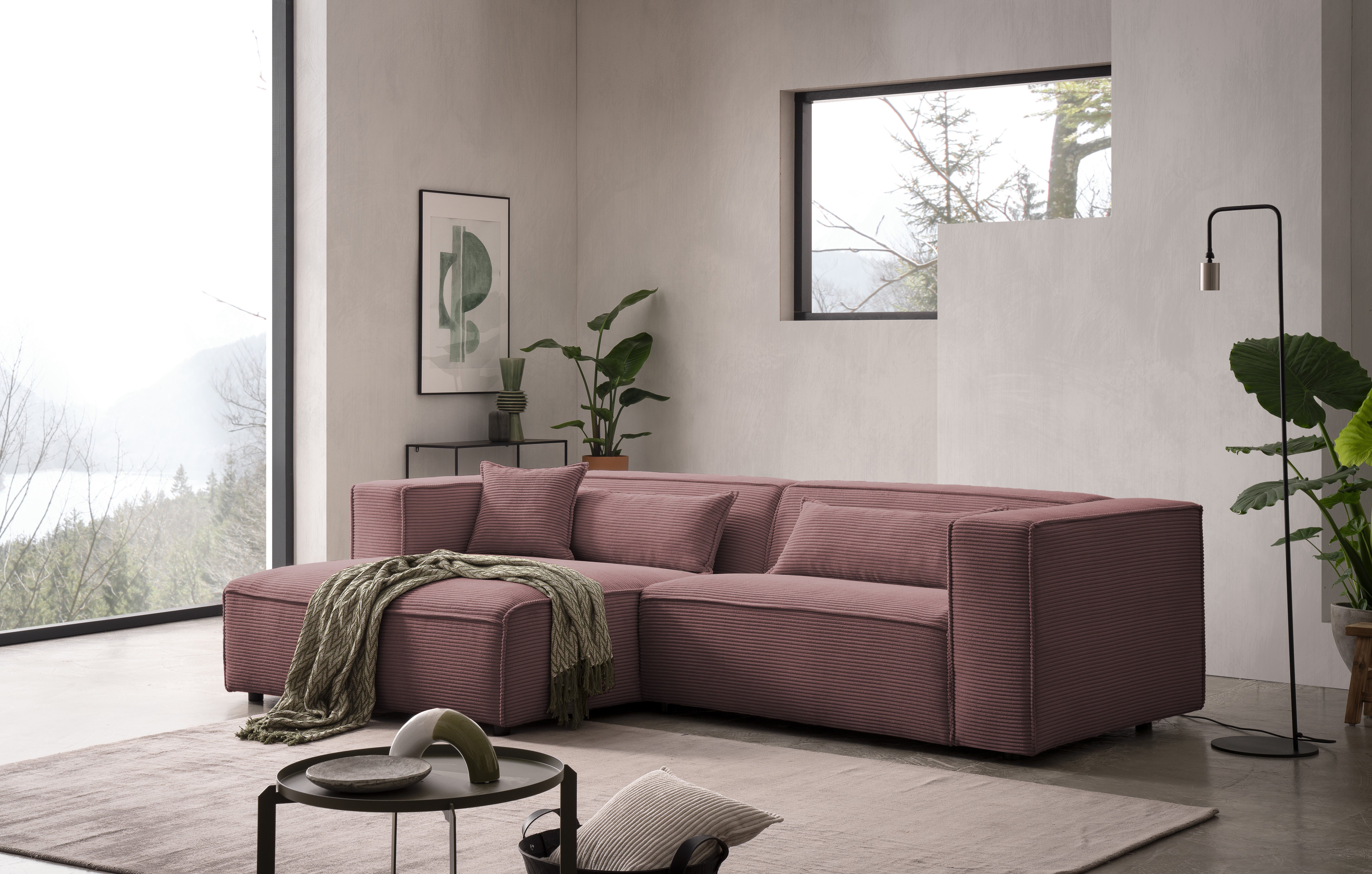 LeGer Home by Lena Gercke Ecksofa PIARA mit Kedernaht, Cord, Leinenoptik o. Strukturstoff, Couch, L-Form, wahlweise Ottomane rechts/links, schwarze Füße, bequemer Sitzkomfort