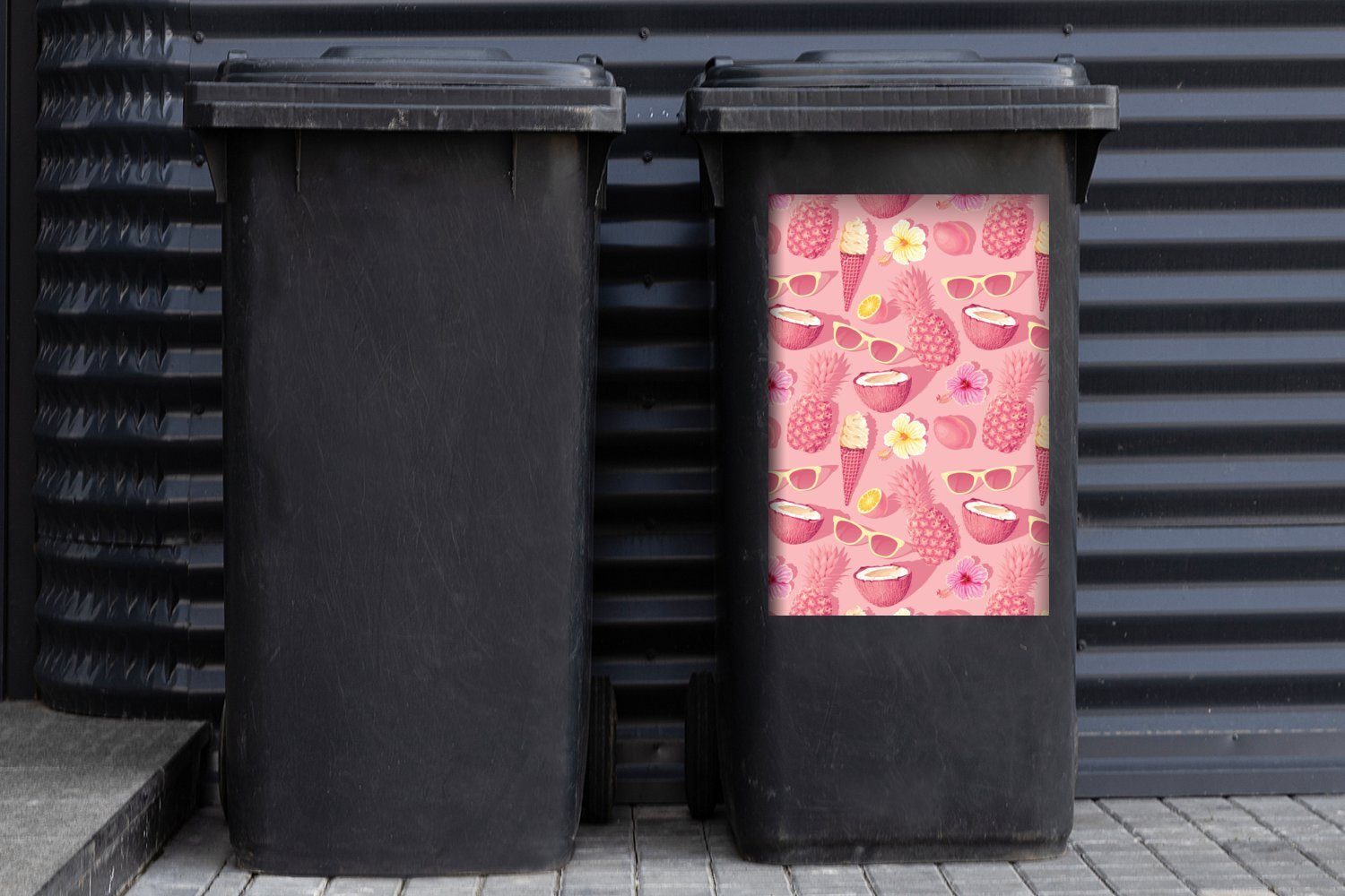 Mülltonne, Sommer - - Container, Wandsticker Abfalbehälter Sticker, Muster - St), Pastell Mülleimer-aufkleber, MuchoWow Rosa (1