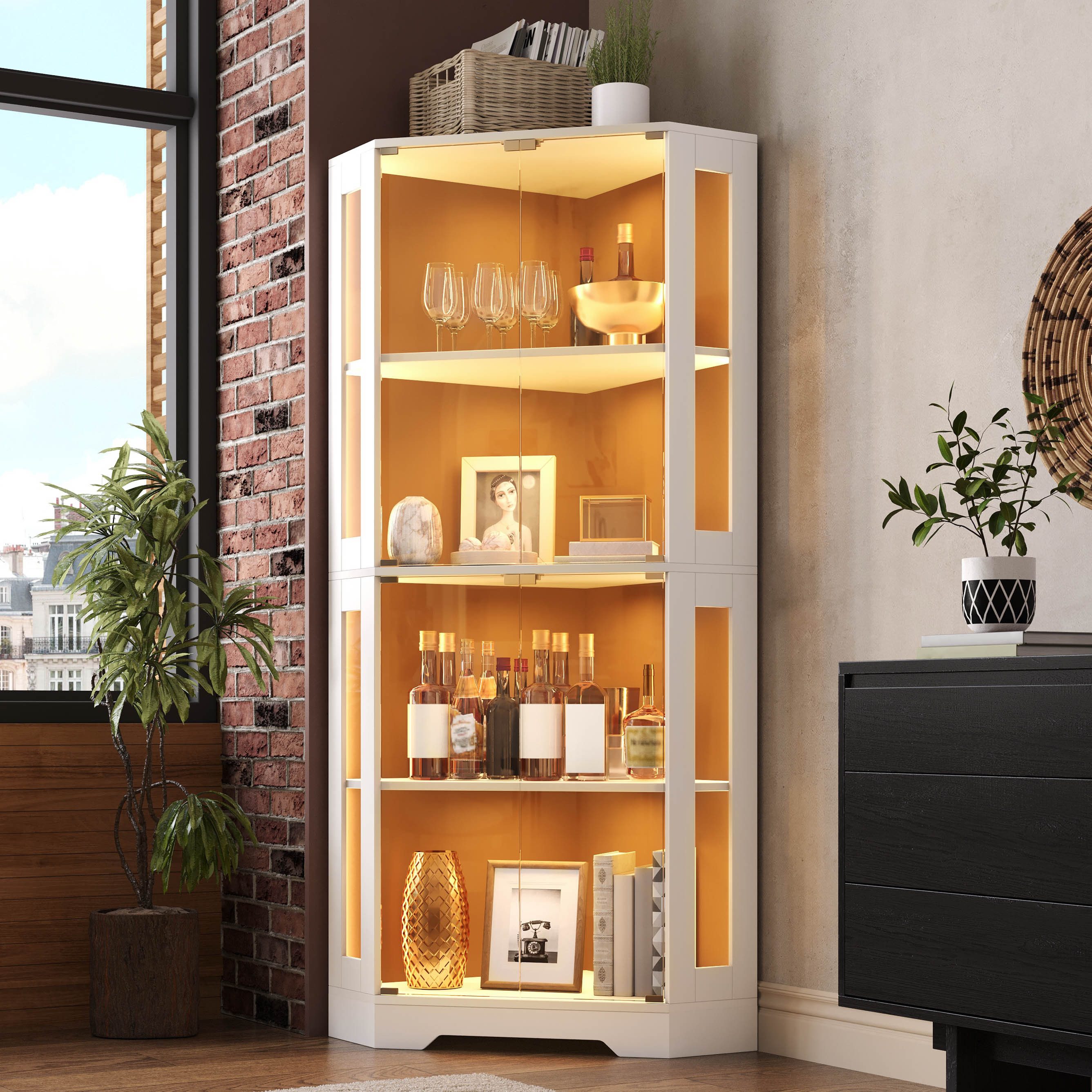 Flieks Glasvitrine Eckschrank Hochschrank mit LED-Beleuchtung, 4 Ebenen, Glastüren (56x36,5x165 cm, 1-St., Wohnzimmerschrank Küchenschrank) multifunktional Eckvitrine mit verstellbarer Ablagen Mehrzweckschrank