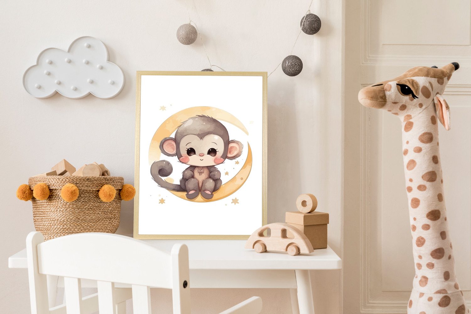 Bild mit Rahmen Affe auf Halbmond