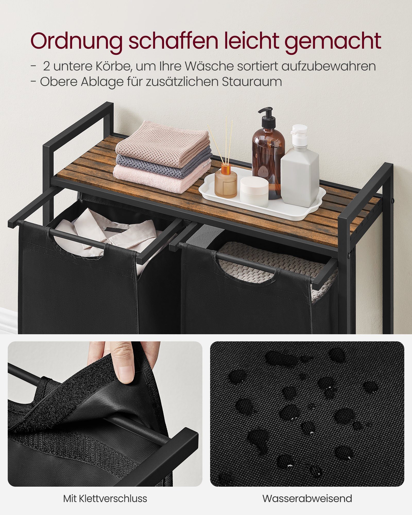 VASAGLE Wäschekorb 2 Wäschesäcke aus Oxford-Gewebe, abnehmbar, 2 Wäschesäcke aus Oxford-Gewebe, abnehmbar, 2 x 46 L – Bild 4 von 5