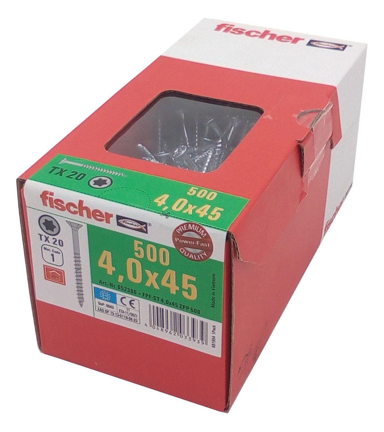 Fischer Befestigungstechnik Spanplattenschraube 500x fischer Holzbauschrauben 4,0x45mm TX20 Holzschrauben verzinkt Tei, (500 St)