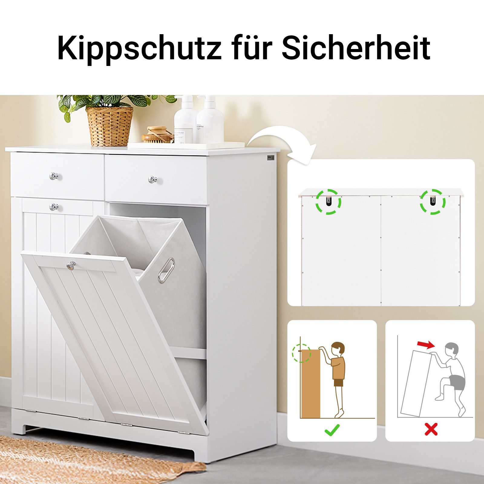 SoBuy Wäscheschrank BZR33, Badschrank mit Wäschekorb, Badkommode, Bad Waschküche Wohnung Badezimmerschrank Wäscheschrank mit 2 Schubladen und 2 Wäscheboxen