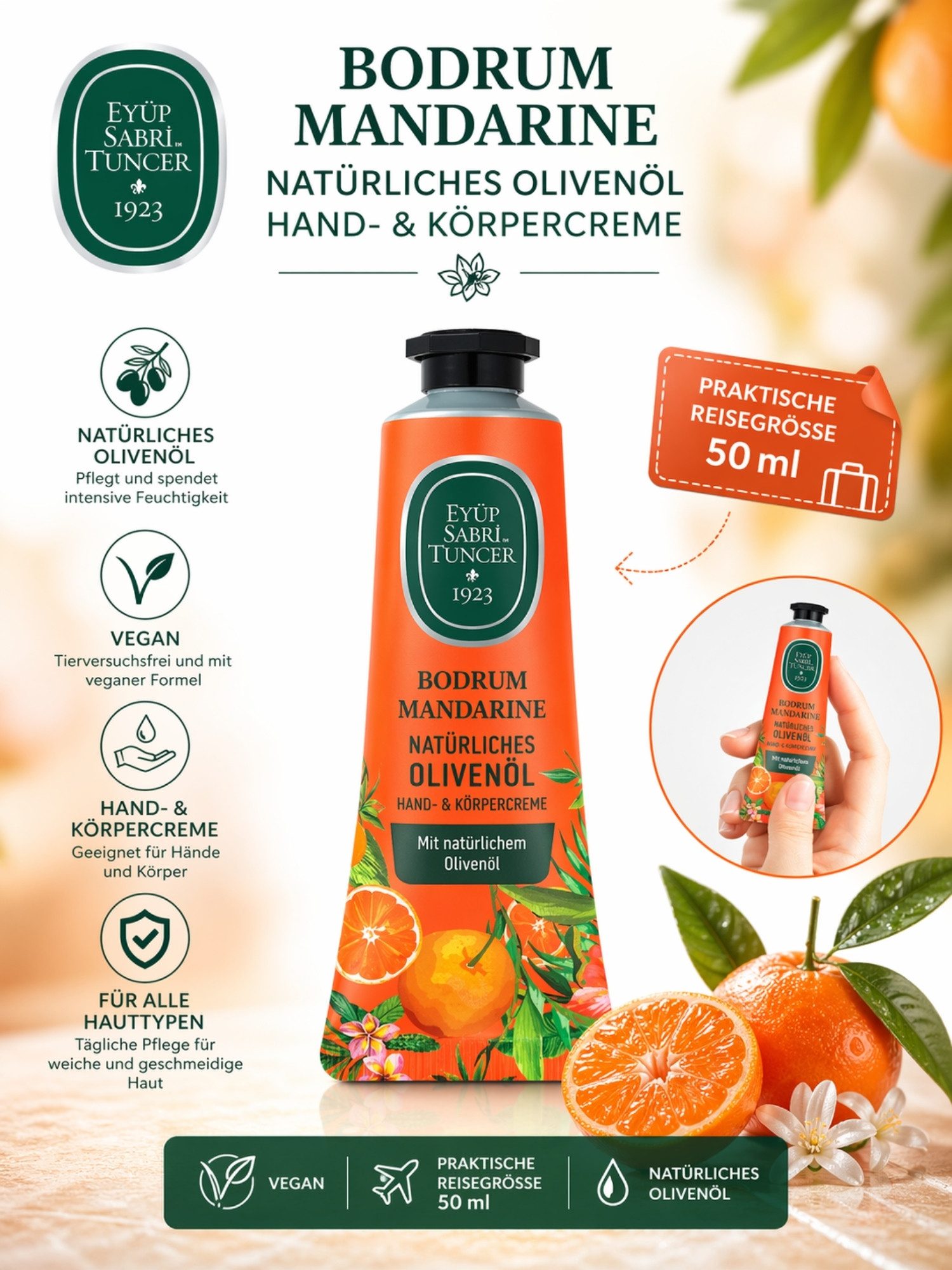 EYÜP SABRI TUNCER Handcreme Hand- & Körpercreme mit Olivenöl 50 ml verschiedene Düfte, Vegan, Vegan, mit Olivenöl, verschiedene Duftvarianten