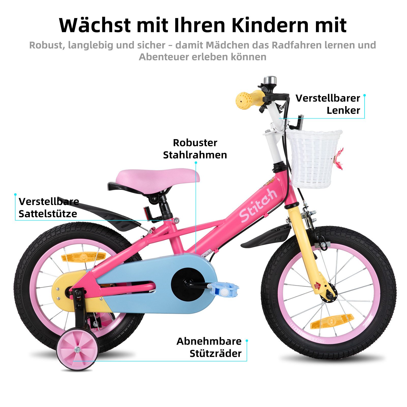 JOYSTAR Kinderfahrrad Macarons 12 14 16 18 Zoll fahrrad für 2-9 jährige Mädchen & Jungen, mit Korb,Stützrädern, Kotflügel, Korb, Fahrradklingel, Reflektorplatte