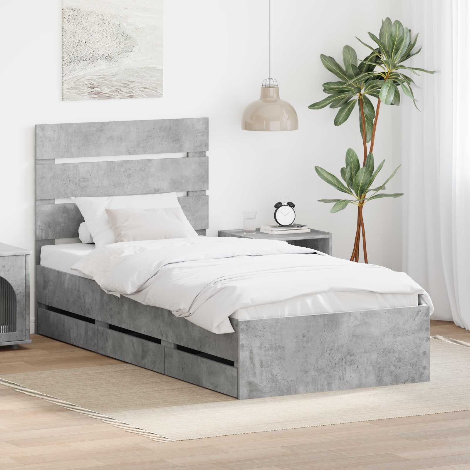 furnicato Bett Bettgestell 196 x 78 x 100 cm Betongrau (1-tlg), Stabiles Einzelbett mit integrierten Schubladen für mehr Stauraum