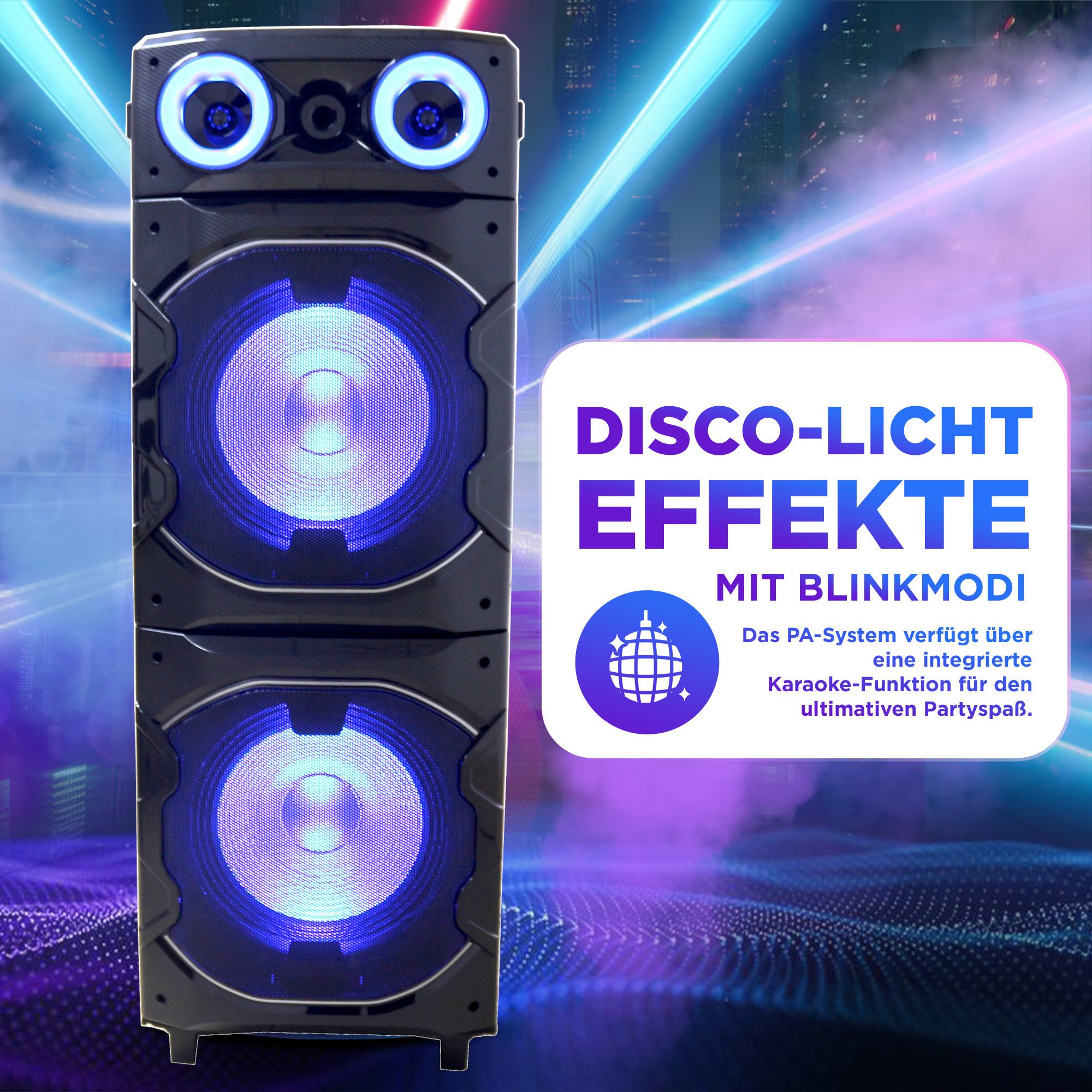 Reflexion PS25BT Jumbo DJ Karaoke PA-Anlage Party-Lautsprecher (Bluetooth, 1200 W, Bluetooth, Radio, Karaoke, Disco-Licht Effekte, Super BASS-Taste)