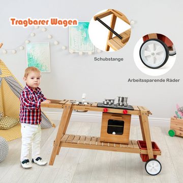 COSTWAY Outdoor-Spielküche Matschküche Holz, mit Sonnenschirm, aus Holz