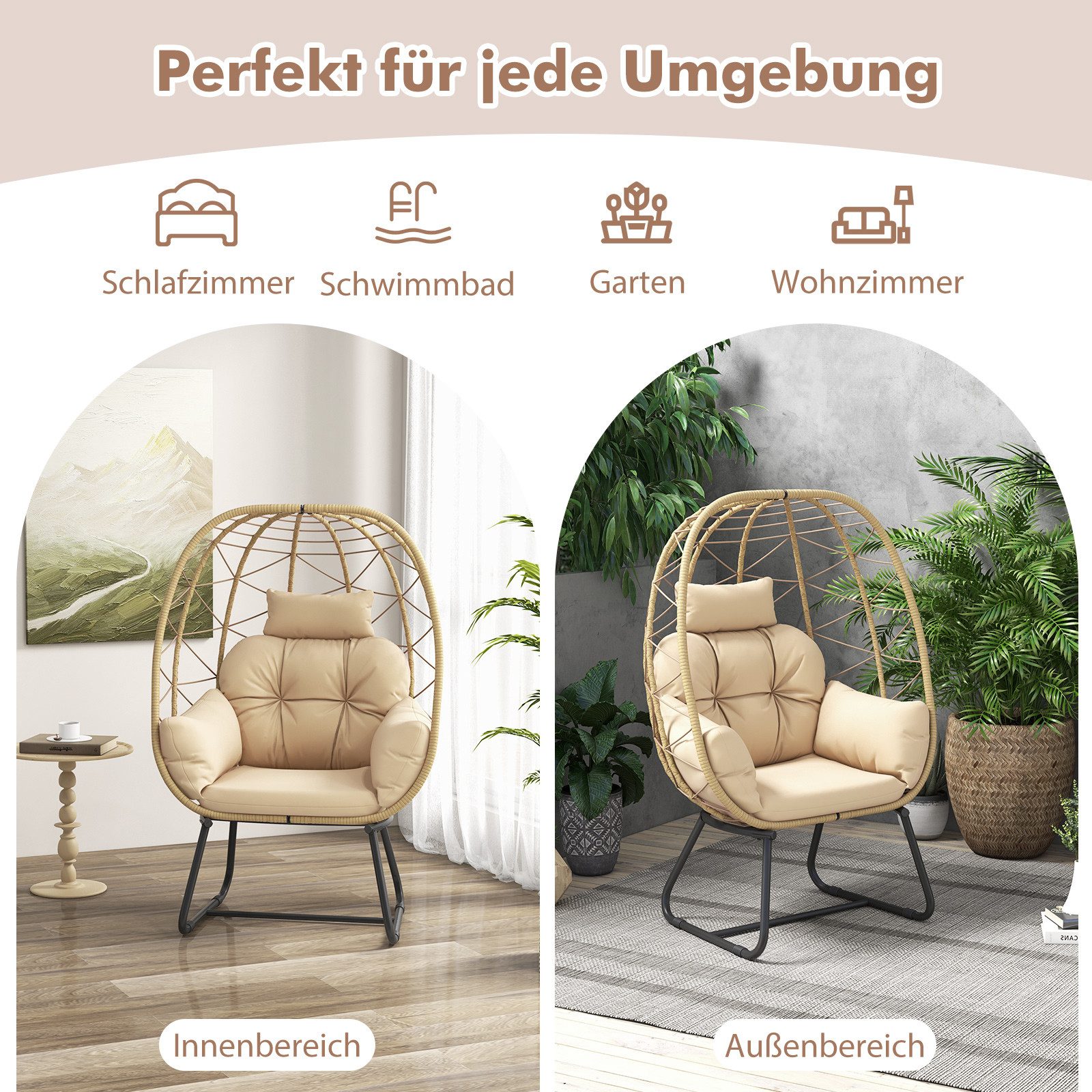 COSTWAY Hängesessel, Korbsessel mit Kissen, aus Rattan & Metall
