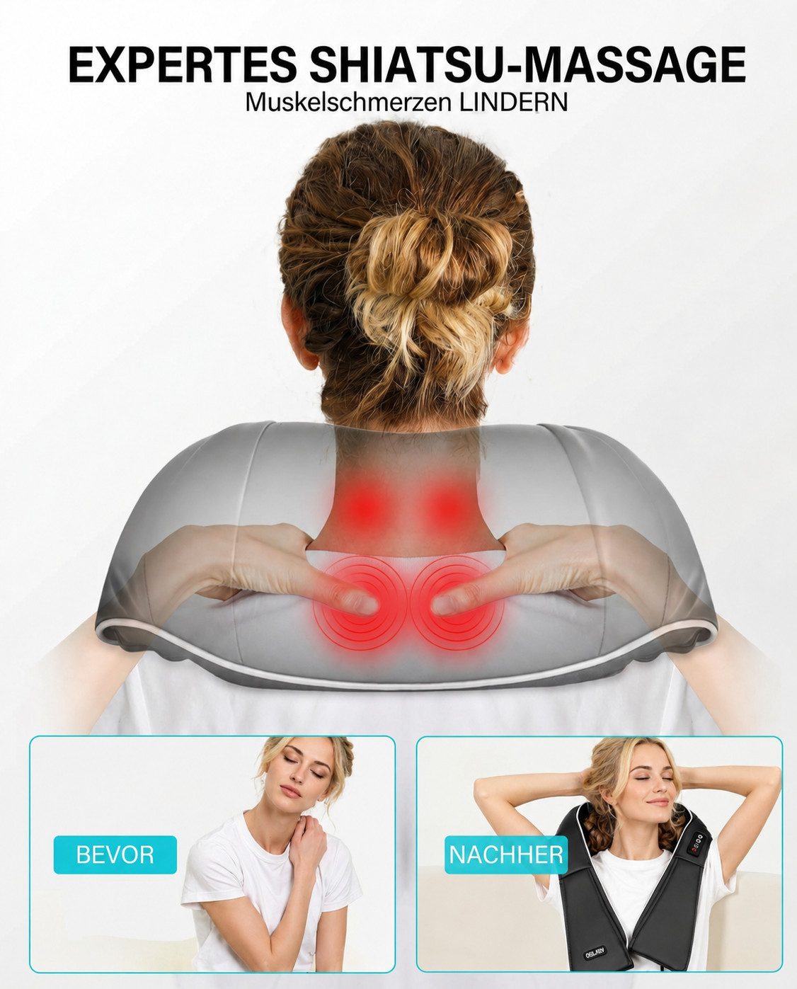 ALLJOY Nacken-Massagegerät Shiatsu Massagegerät Nacken Schulter,4D Nackenmassagegerät mit Wärme, 3 Intensitätsstufen,20 Min. Auto-Off,Massagegerät für Muskelschmerzen