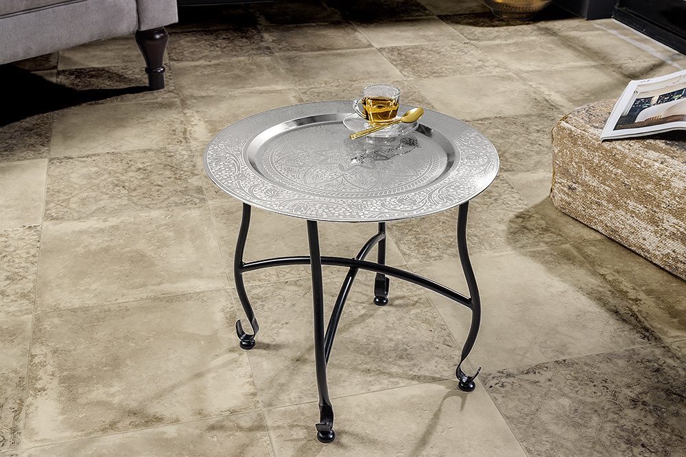 riess-ambiente Beistelltisch MARRAKESCH 40cm silber / schwarz · Wohnzimmertisch aus Metall (Einzelartikel, 1-St), Teetisch · rund · handmade · abnehmbares Tablett · klappbar