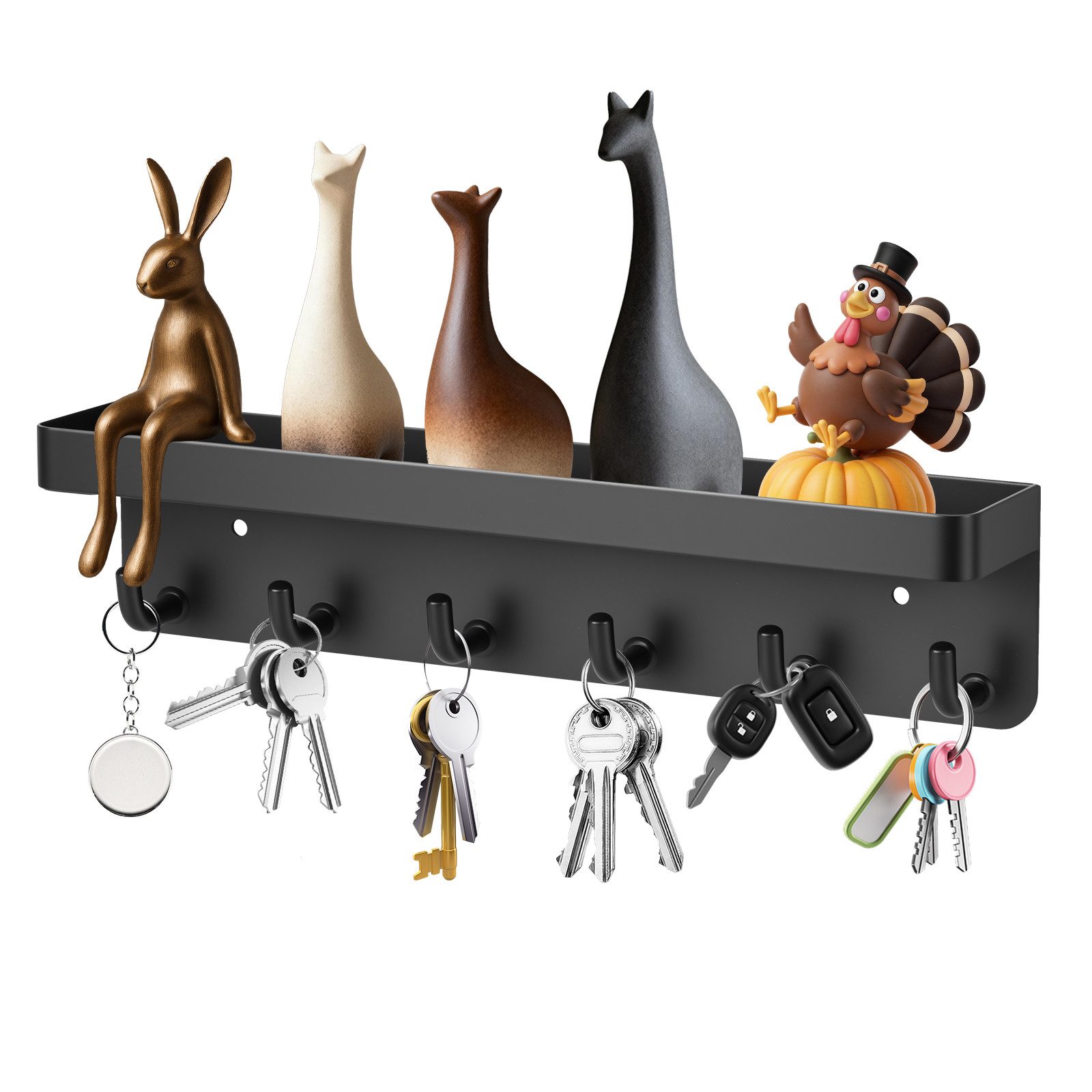 BlingBin Schlüsselbrett mit Ablage und 6 Haken, Ohne Bohren, Metall Schlüsselablage, (Schlüsselleiste Wandorganizer, 1 St., 24,5 x 4,5 cm, Platzsparendes Tragbares Organizer Schlüsselablage), Garderobe, Briefständer,Geeignet für Eingangsbereiche und Hinter Türen