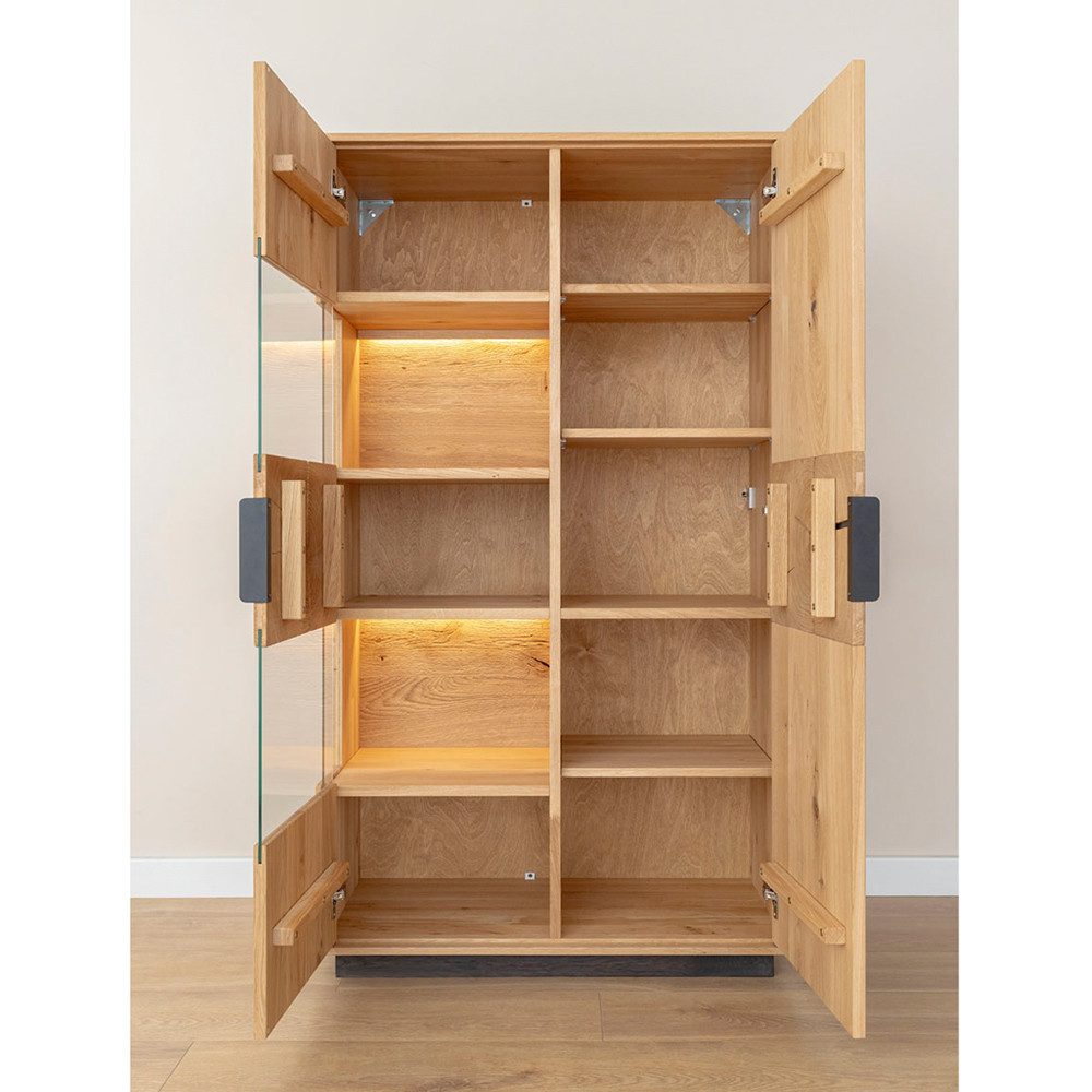 Lomadox Vitrine TIVAT-163 Eiche massiv geölt, 83 cm breit, stehend / hängend, inkl. Beleuchtung
