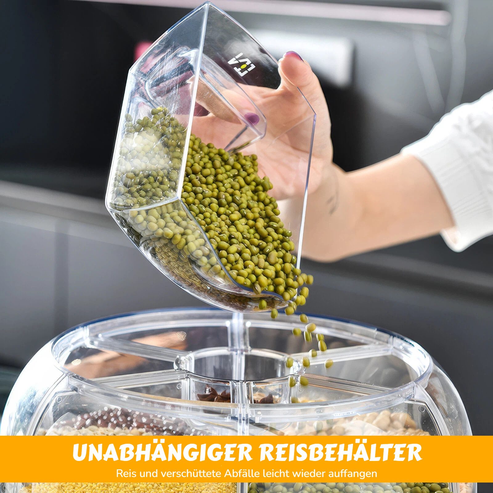 BlingBin Müslispender 360° Drehbarer Getreidespeicher, Lebensmittelspender mit 6 Fächern, PP-Kunststoff, (1er Set, 2-tlg., Abmessungen: 22 x 23,6 CM), Aufbewahr – Bild 5 von 5