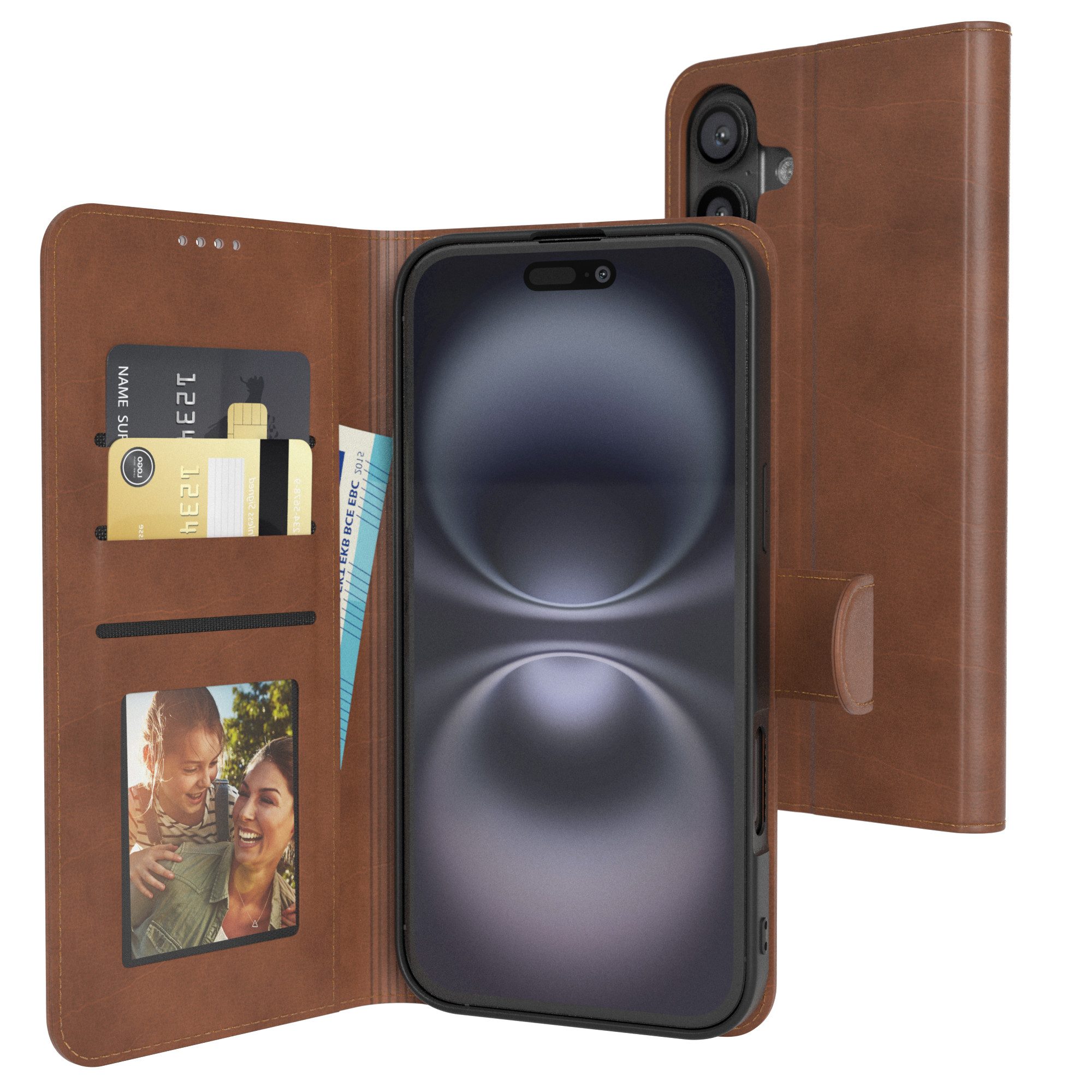 EAZY CASE Handyhülle Business Handytasche Kartenfach für iPhone 16 Plus 6,7 Zoll, Handyhülle Flip Case Schutztasche zum Aufstellen Wallet in Dunkelbraun